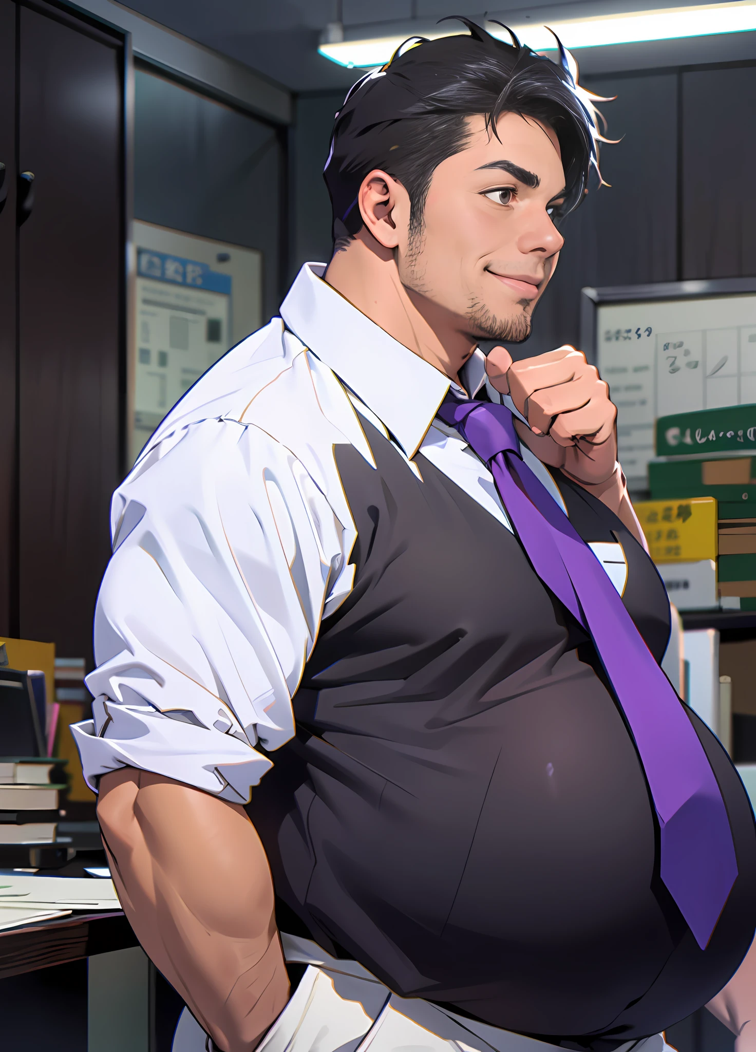 young face, thin face, Sharp Facial, Black hair, 1Boy, salaryman, dark brown eyes, beardless, Black tight shirts, necktie, white pants, Best Quality, fat abs, fat, Tight breasts, fat breasts, from sideview, black shirts, fat thighs, fat tits, fat arms, fat legs, fat body, Huge fat, photograph realistic, Masterpiece, male, side part hair, strong, (Pectoralis major: 1.2), Best Quality, 8K, OriginalPhoto, realisitic, high resolucion, The ultra-detailliert, film lighting, film grain, chromatic aberration, in office, tits huge, Dynamic Angle, Details Finger, big bulge, Huge bulge, bulge pants, smile