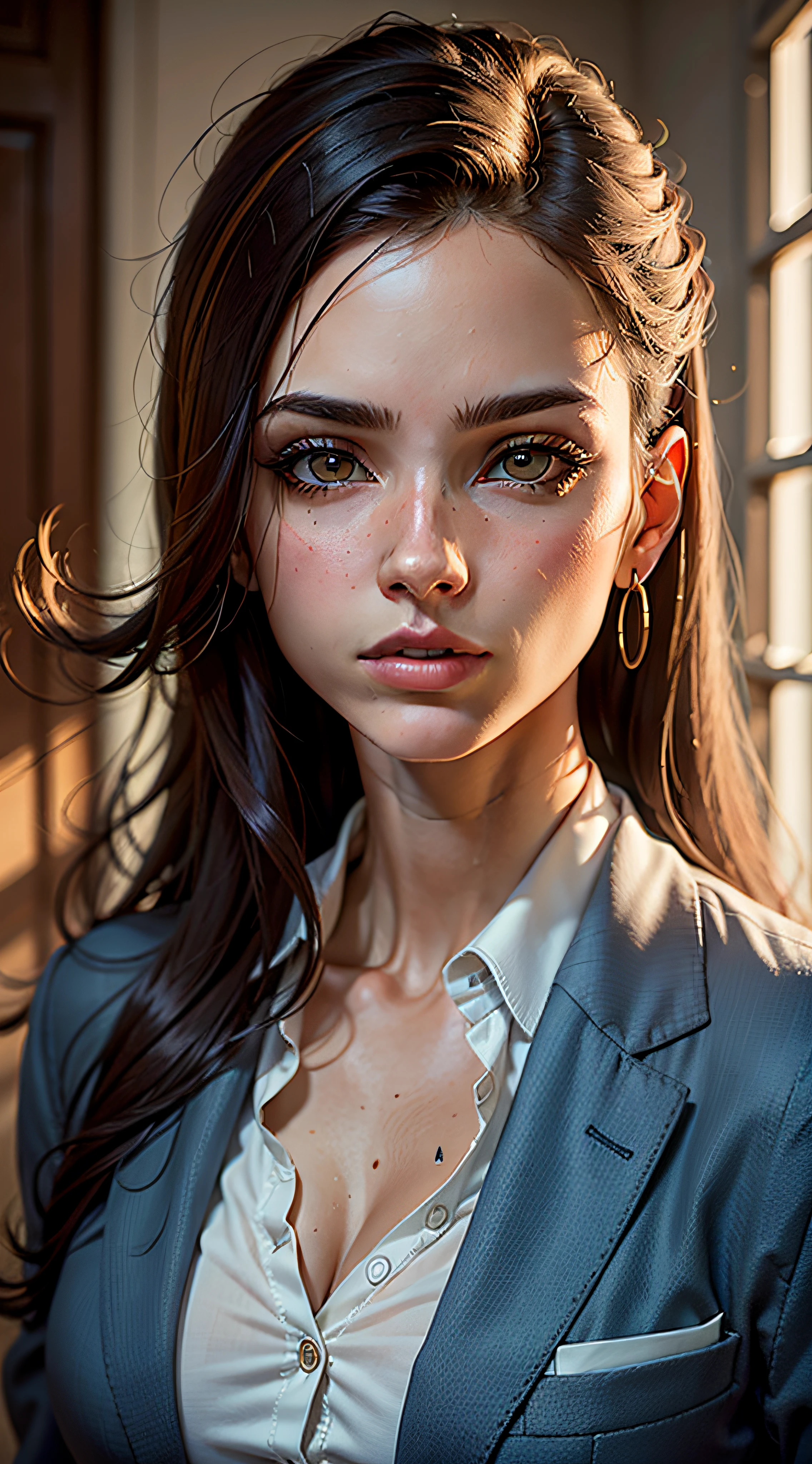 Mulher de 23 anos usando blazer amarelo, Russo, pele branca, brown hair, olhos azuis, Realistic image, imagem perfeita, rosto perfeito, Cinematic lighting, Rosto detalhado, pele perfeita, olhos perfeitos