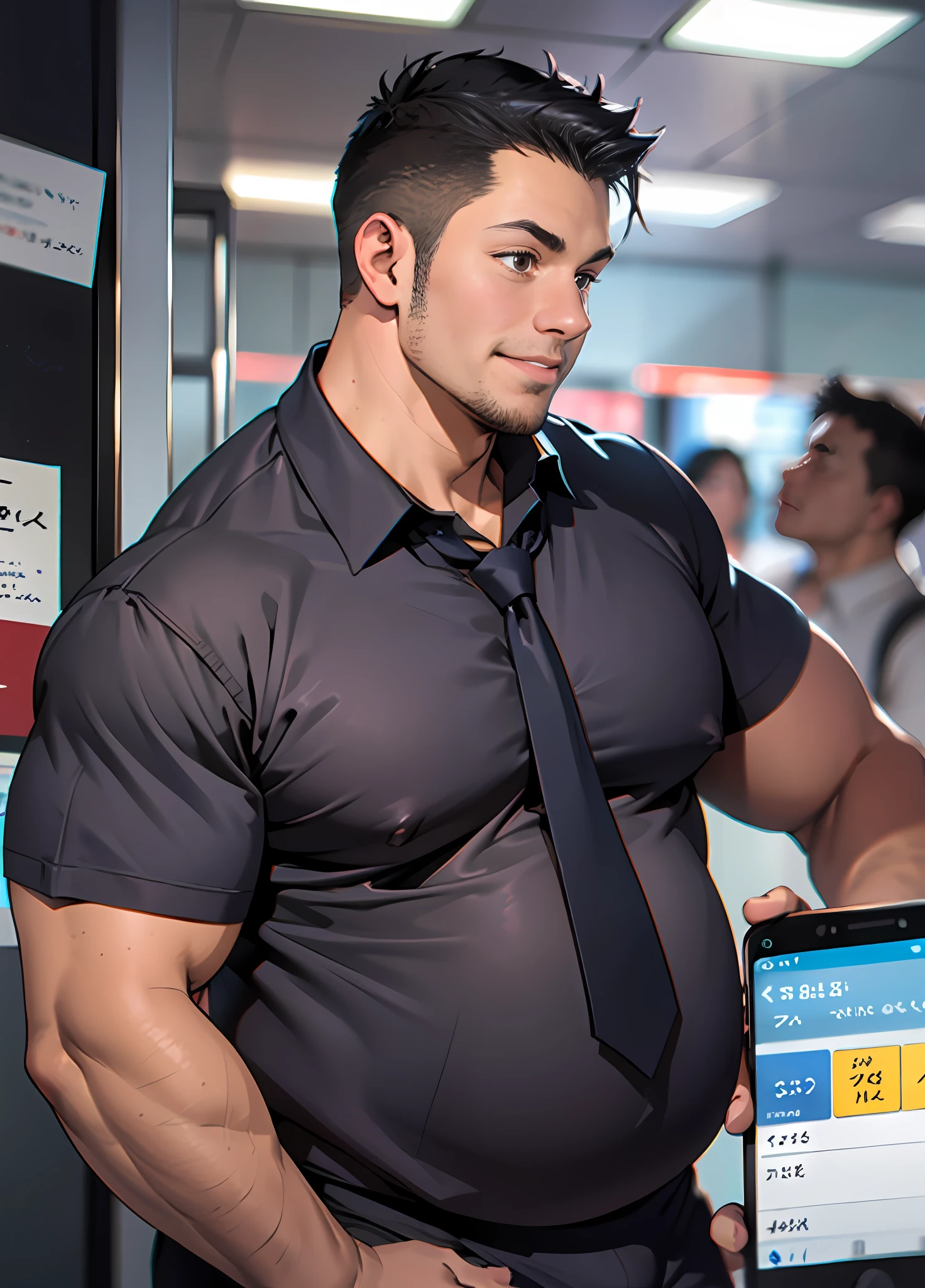 young face, thin face, Sharp Facial, Black hair, 1Boy, salaryman, dark brown eyes, beardless, Black tight shirts, necktie, white pants, Best Quality, fat abs, fat, Tight breasts, fat breasts, from sideview, black shirts, fat thighs, fat tits, fat arms, fat legs, fat body, Huge fat, photograph realistic, Masterpiece, male, side part hair, strong, (Pectoralis major: 1.2), Best Quality, 8K, OriginalPhoto, realisitic, high resolucion, The ultra-detailliert, film lighting, film grain, chromatic aberration, in office, tits huge, Dynamic Angle, Details Finger, big bulge, Huge bulge, bulge pants, smile