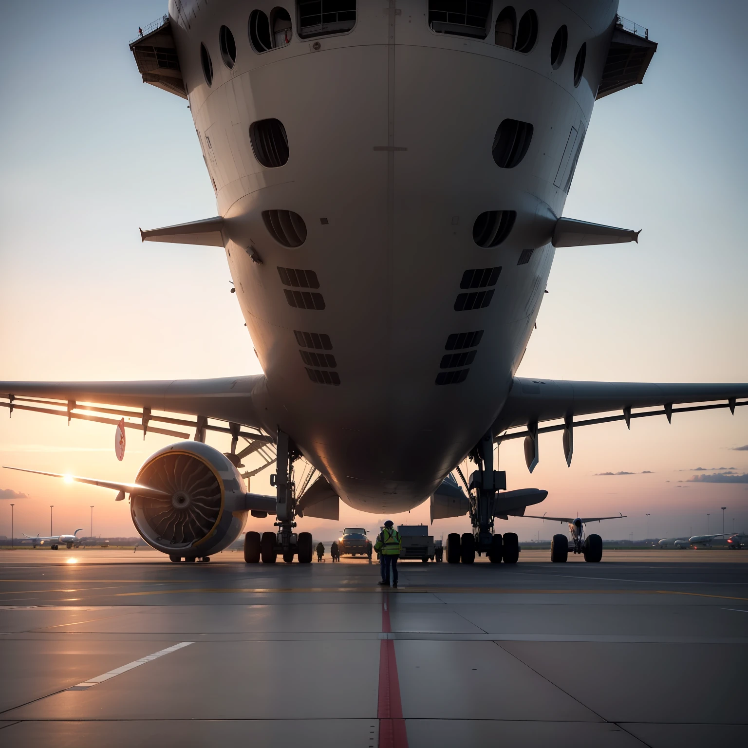 High-definition images of real reality scenes，Only one large aircraft, the A380, was on the runway of the airport，The whole wing can be seen in the distance,Greeting the rising sun,There should be on the plane"China Migration"logo instead of other logos，You can see the bright runway，4K，There are multiple maintenance workers and maintenance workers on the runway and aircraft surface doing take-off maintenance in various places on the aircraft，Each maintenance worker back label is"Finance"