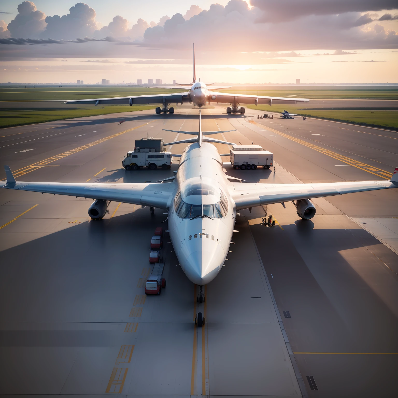 High-definition images of real reality scenes,Only one large aircraft, the A380, was on the runway of the airport,The whole wing can be seen in the distance,Greeting the rising sun,There should be on the plane"China Migration"logo instead of other logos,You can see the bright runway,4K,There are multiple maintenance workers and maintenance workers on the runway and aircraft surface doing take-off maintenance in various places on the aircraft,Each maintenance worker back label is"Finance"