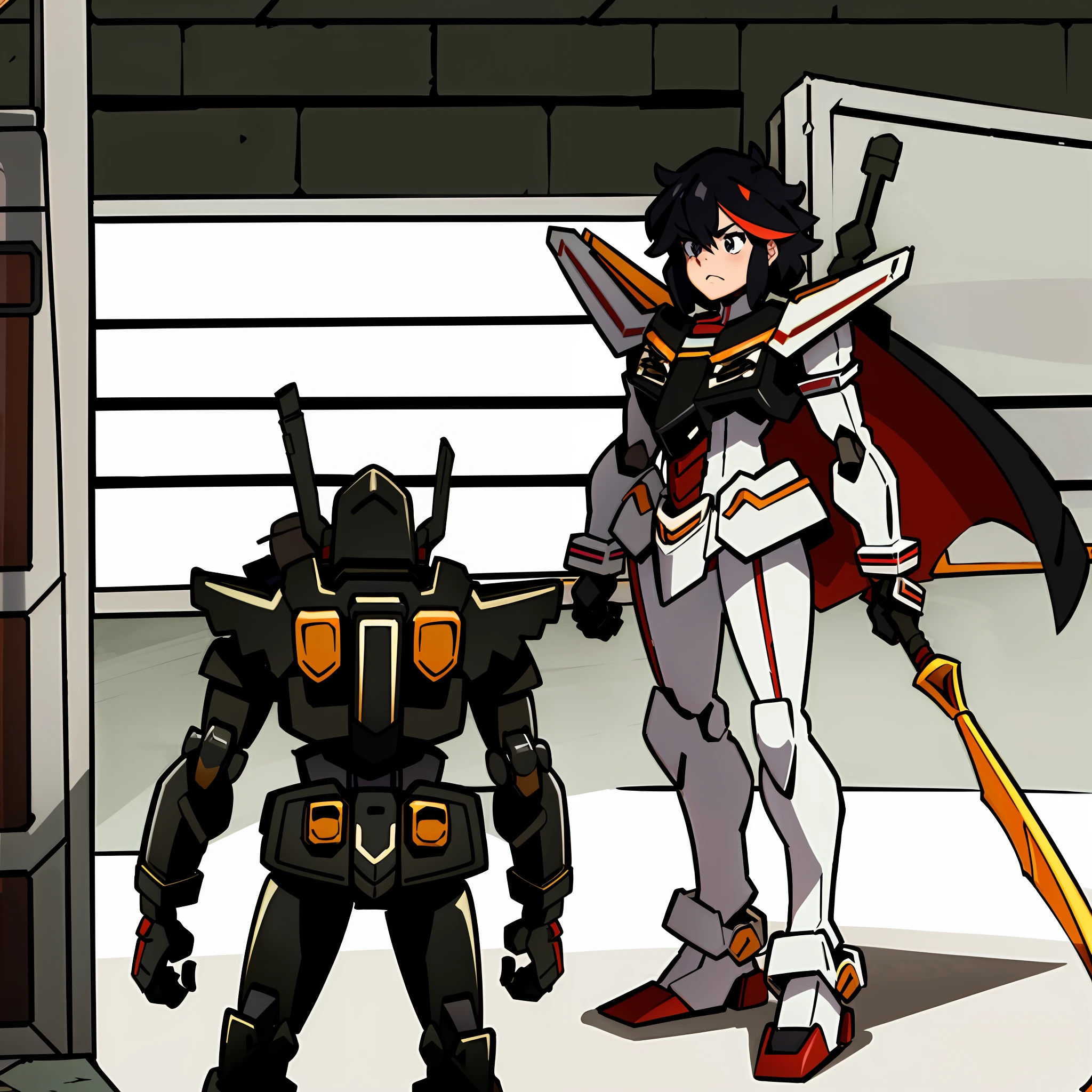 anime character heavily encased in heavy armor wielding a sword (arm-mount sword) standing in a room, ryuko matoi, gurren lagan, in mecha cyber armor, anime mech armor, attractive, kill la kill illustration, covered in full metal armor, modern mecha anime, heavy black gundam armor, cool mecha style, ssss.gridman, kill la kill, black and red with white accents, slightly muscular, large red shoulder cape draped over shoulder, Heavy black armored arms and legs, white chest, black and red armored legs, black and red armored arms, white armored hands