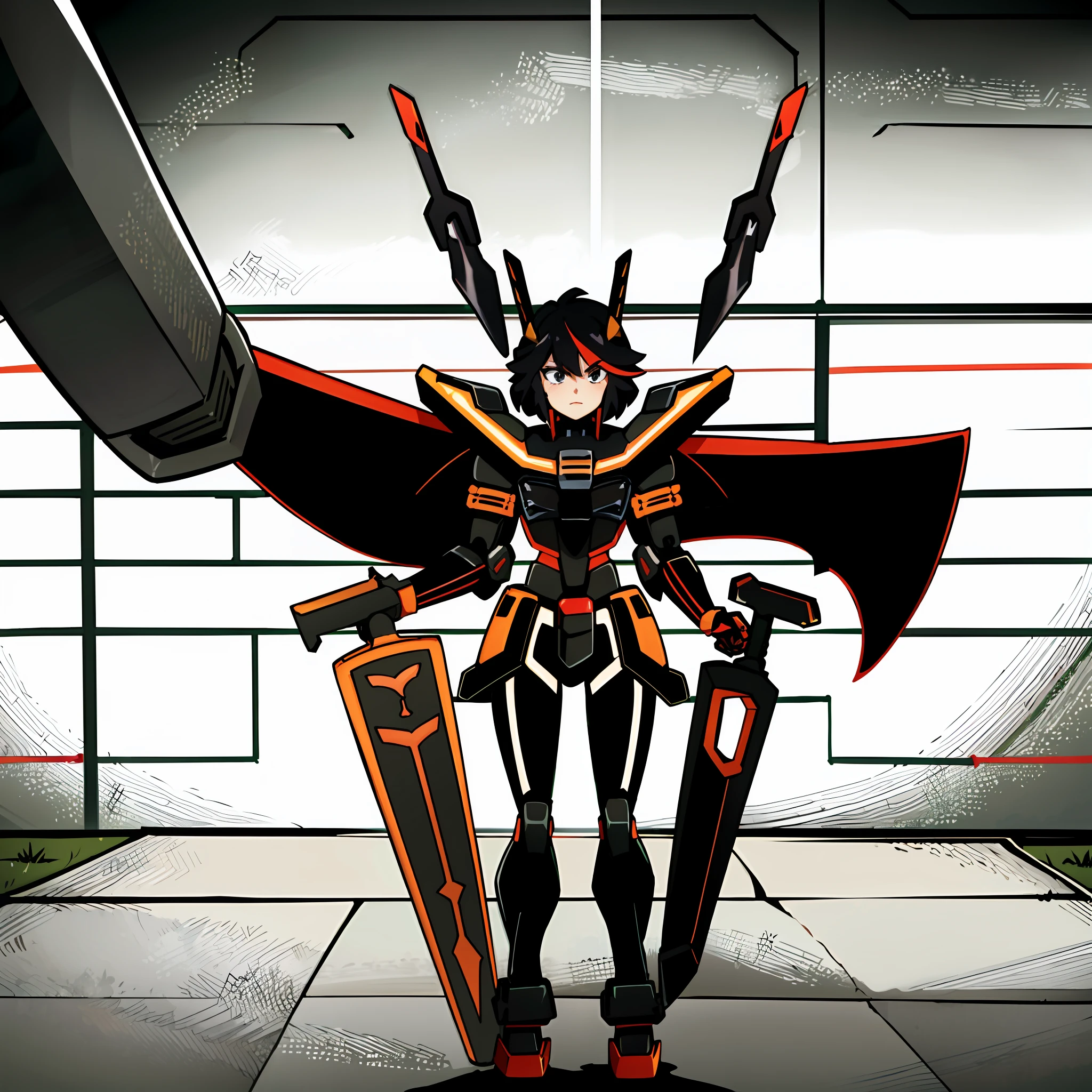 anime character heavily encased in heavy armor wielding a sword (arm-mount sword) standing in a room, ryuko matoi, gurren lagan, in mecha cyber armor, anime mech armor, attractive, kill la kill illustration, covered in full metal armor, modern mecha anime, heavy black gundam armor, cool mecha style, ssss.gridman, kill la kill, black and red with white accents, slightly muscular, large red shoulder cape draped over shoulder, Heavy black armored arms and legs, white chest, black and red armored legs, black and red armored arms, white armored hands
