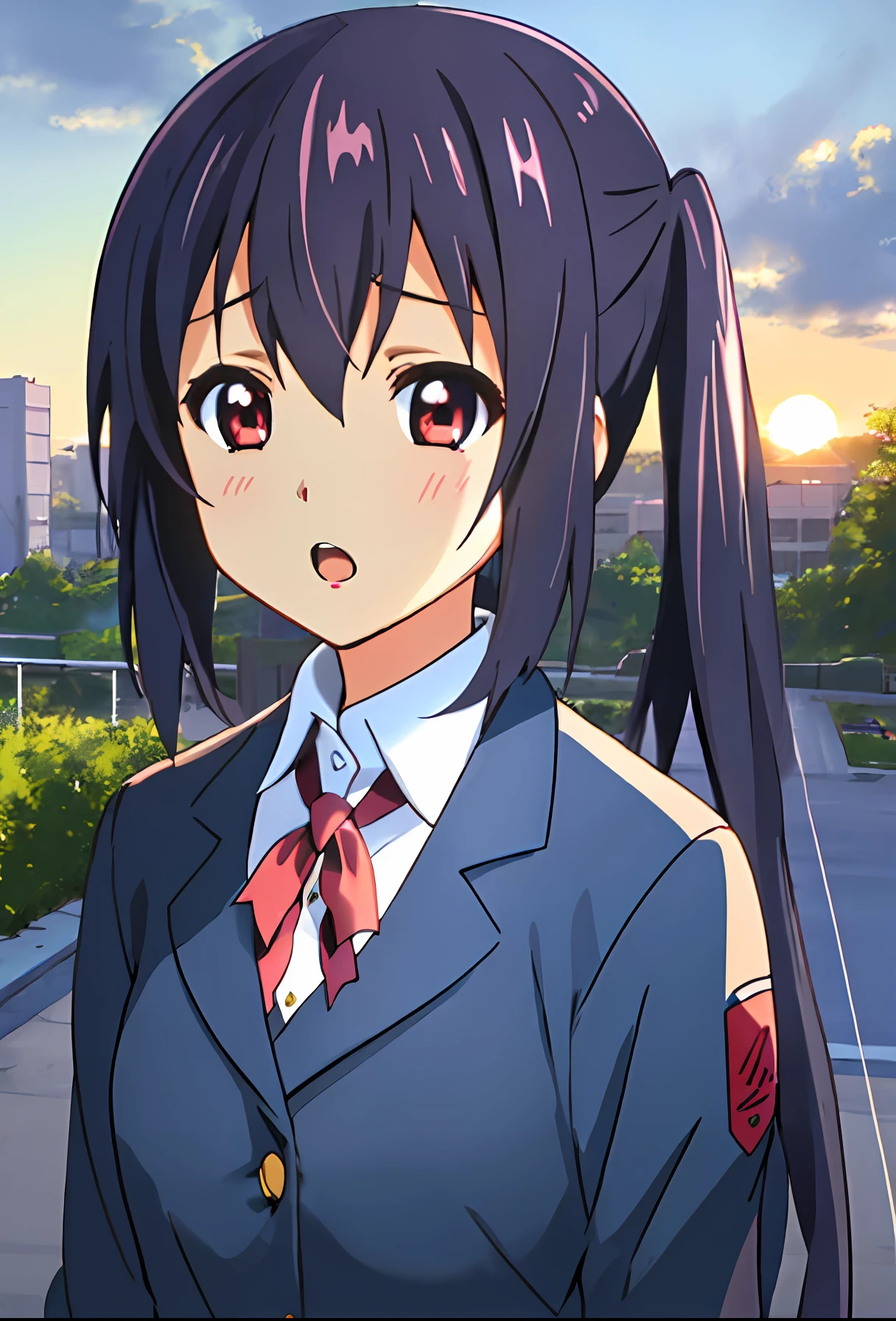1girl, (((masterpiece))), top-quality, top-quality, High Details, nakano azusa, 1girl, Sakuragaoka High School Uniform, student clothes, Twin-tailed, length hair, A dark-haired, brown-eyed, 独奏, reddish, Dark blue blazer with thin red ribbon, Solid white buttoned shirt under blazer, illustratio, comic strip, soothing tones, Subdued Color, Soft cinematic light, adobe lightroom, photolab, HDR, intricately and hyper-detailed、(((depth of fields))))。(((masterpiece)))。(((top-quality))).)((ultra-detailliert)))。(((illustratio)))。(((takeout))).dynamic focus.big breasts.(((Skyscrapers))).(((A city scape))).(((Face of sadness))). open mouth.(((fighting stance))).(((up chest))).((evening glow)).((the setting sun)).