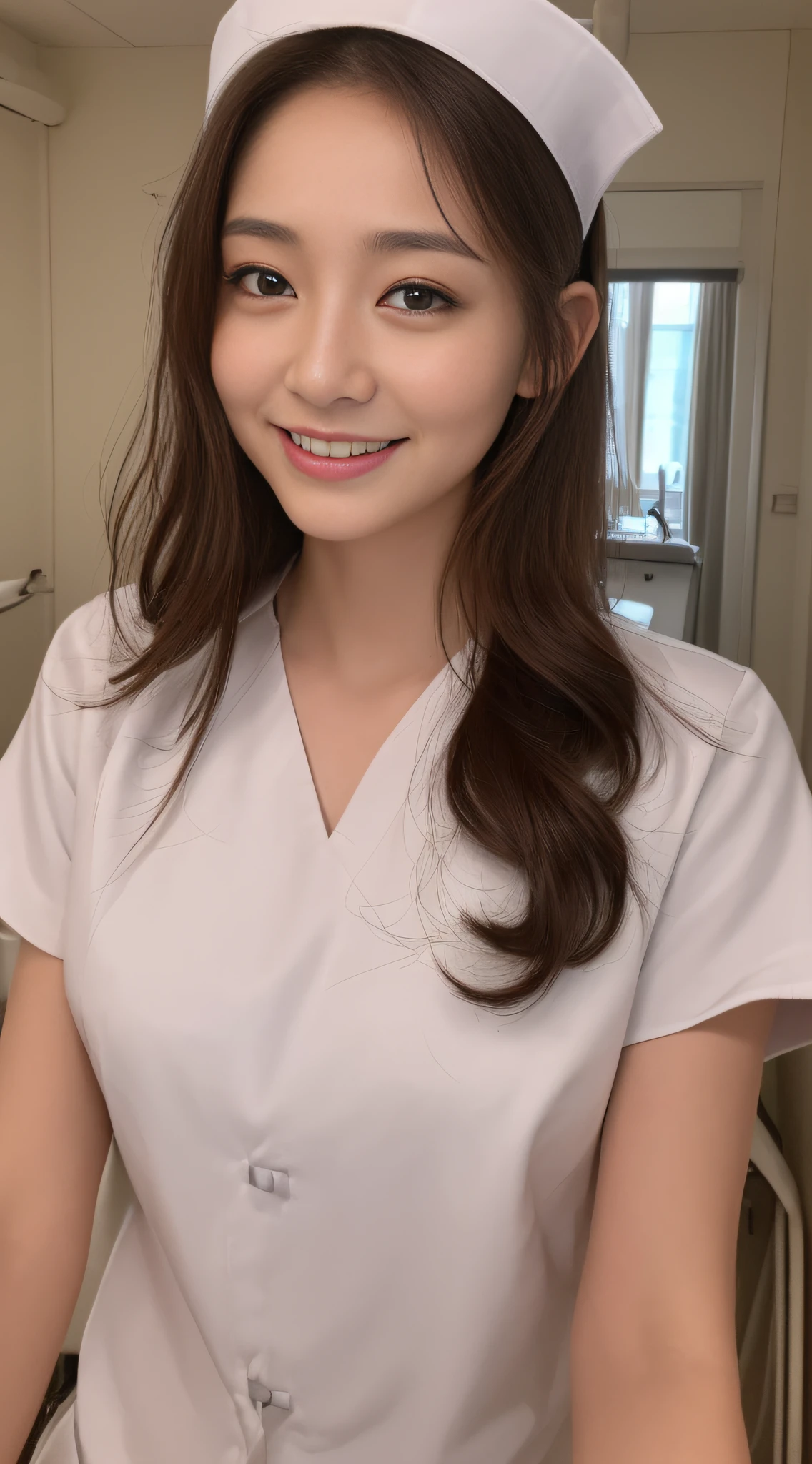 ((top-quality、8K、masterpiece:1.harp:1.2、Perfect Body Beauty:1.4、Slibs:1.2、Big、Beautiful face、A smile、((Nurse:1.3))、(hospital room background:1.2)、Straihair、Highly detailed facial and skin texture、A detailed eye、Aspect of looking at the camera、