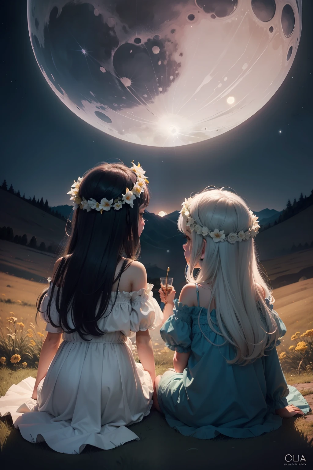 Painting of two sitting on a hill under a full moon, sentado em uma lua, na lua, em frente a uma grande lua, Olhando para a lua, Na lua, Painting of a dreamlike landscape, In front of the Moon, lua grande, em uma colina vazia ao luar, Dreamy painting of the coronavirus, Olhando para a lua cheia