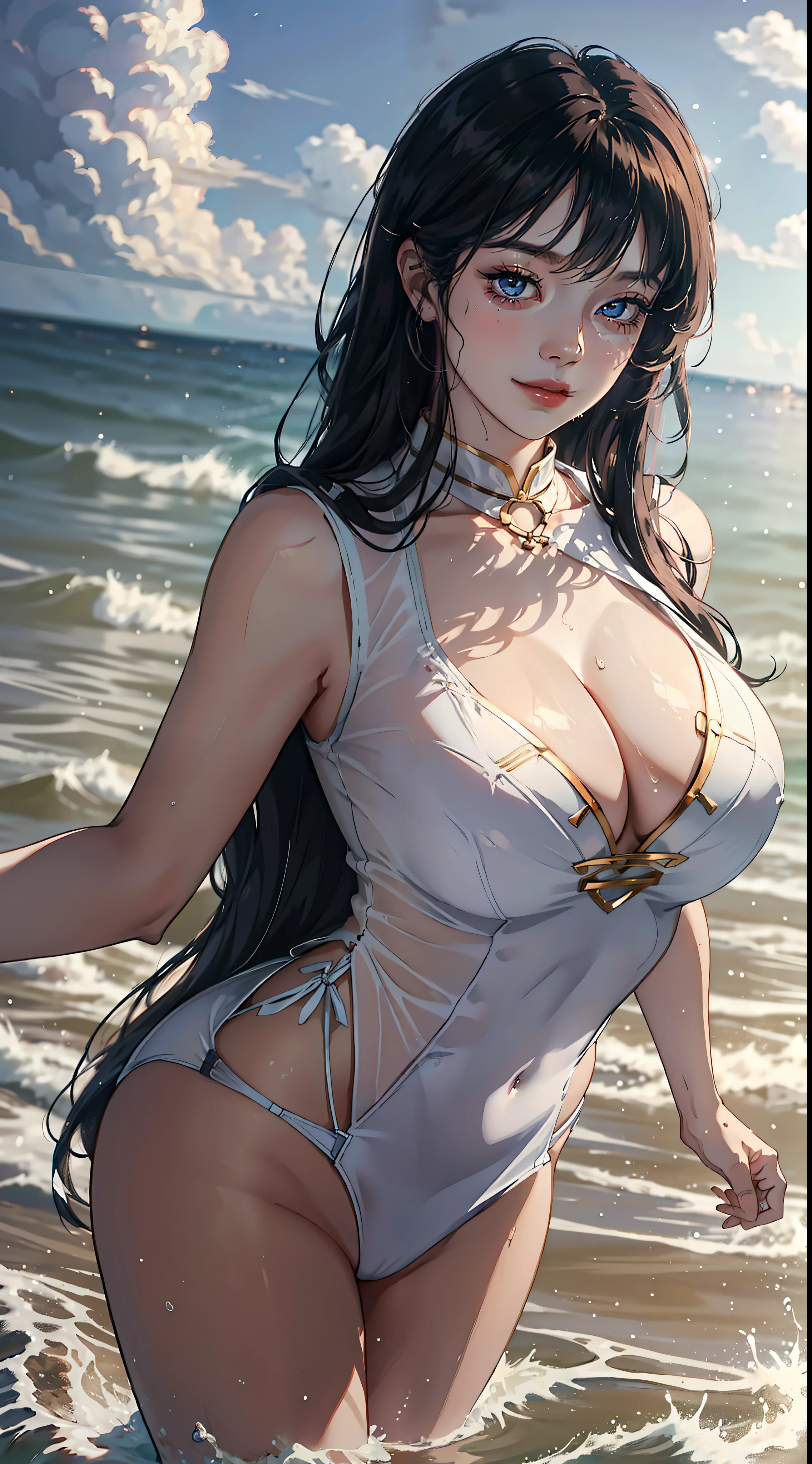 1female,35yo,Huge breasts, 独奏, ,Wearing a white sailor's uniform, Pornographic exposure,the ocean, She has long flowing black hair, Bare genitalia,Sateen,Bigchest, From the front side, Wet straight hair, Sweating profusely,mostly cloudy sky,(tmasterpiece),(Very detailed CG unity 8K wallpaper),best qualtiy,cinmatic lighting,detailed back ground,beatiful detailed eyes,Bright pupils,(Very fine and beautiful),(Beautiful and detailed eye description),ultra - detailed,facing at camera,A high resolution,ultra - detailed),Very long hair,standing on your feet,Emotive expressions,Smile,Chest sagging,nakeness, Expose the genitals,revealing breasts,Camel toes,with no underpants,extremely large bosom,Extremely colorful,Most detailed,fully body photo,The face is well lit