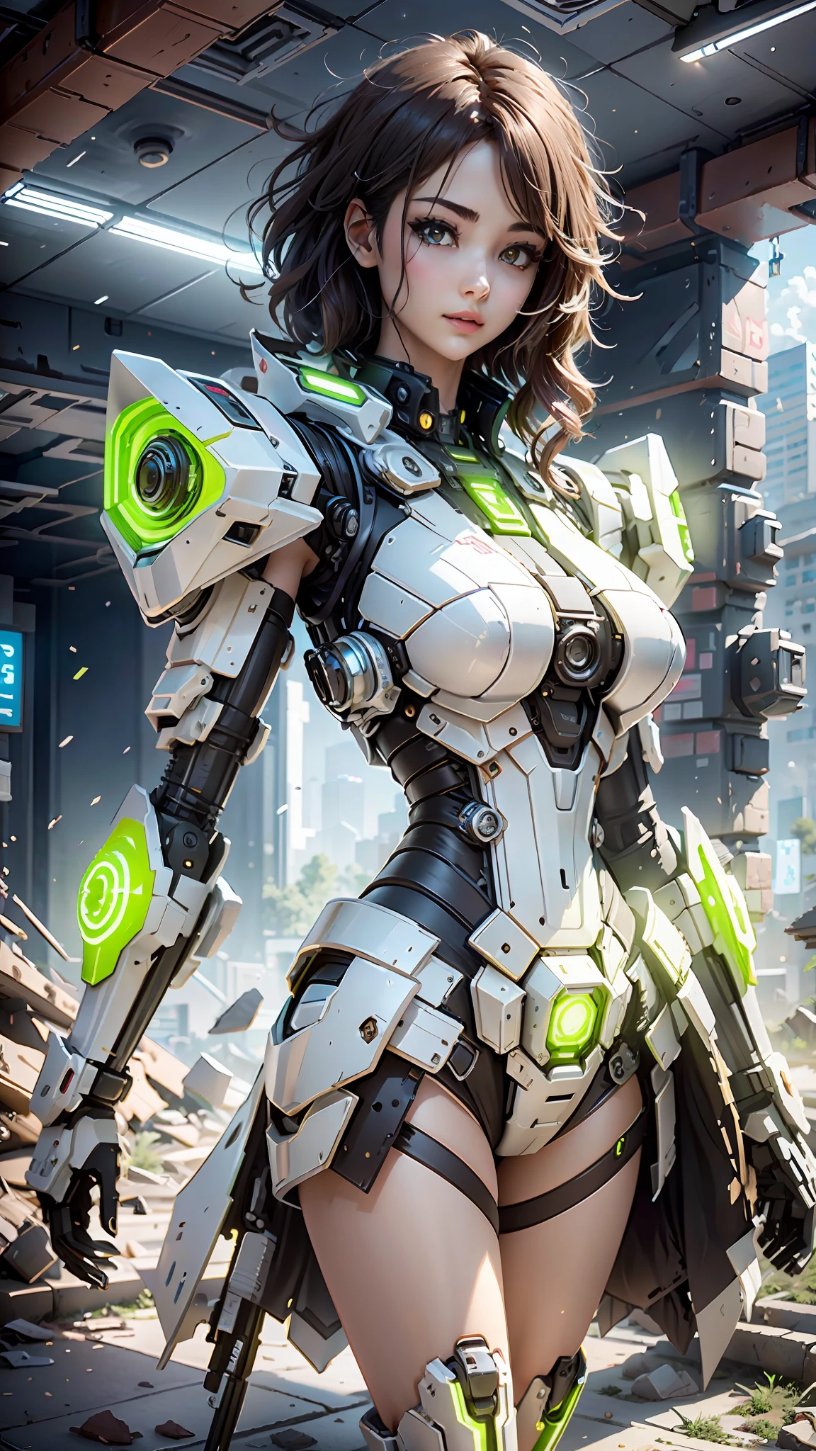 ((Best quality)), ((masterpiece)), (highly detailed:1.3), 3D,Shitu-mecha, beautiful cyberpunk women with her mecha in the ruins of city from a forgoten war, ancient technology,HDR (High Dynamic Range),Ray Tracing,NVIDIA RTX,Super-Resolution,Unreal 5,Subsurface scattering,PBR Texturing,Post-processing,Anisotropic Filtering,Depth-of-field,Maximum clarity and sharpness,Multi-layered textures,Albedo and Specular maps,Surface shading,Accurate simulation of light-material interaction,Perfect proportions,Octane Render,Two-tone lighting,Low ISO,White balance,Rule of thirds,Wide aperature,8K RAW,Efficient Sub-Pixel,sub-pixel convolution,luminescent particles,light scattering,Tyndall effect