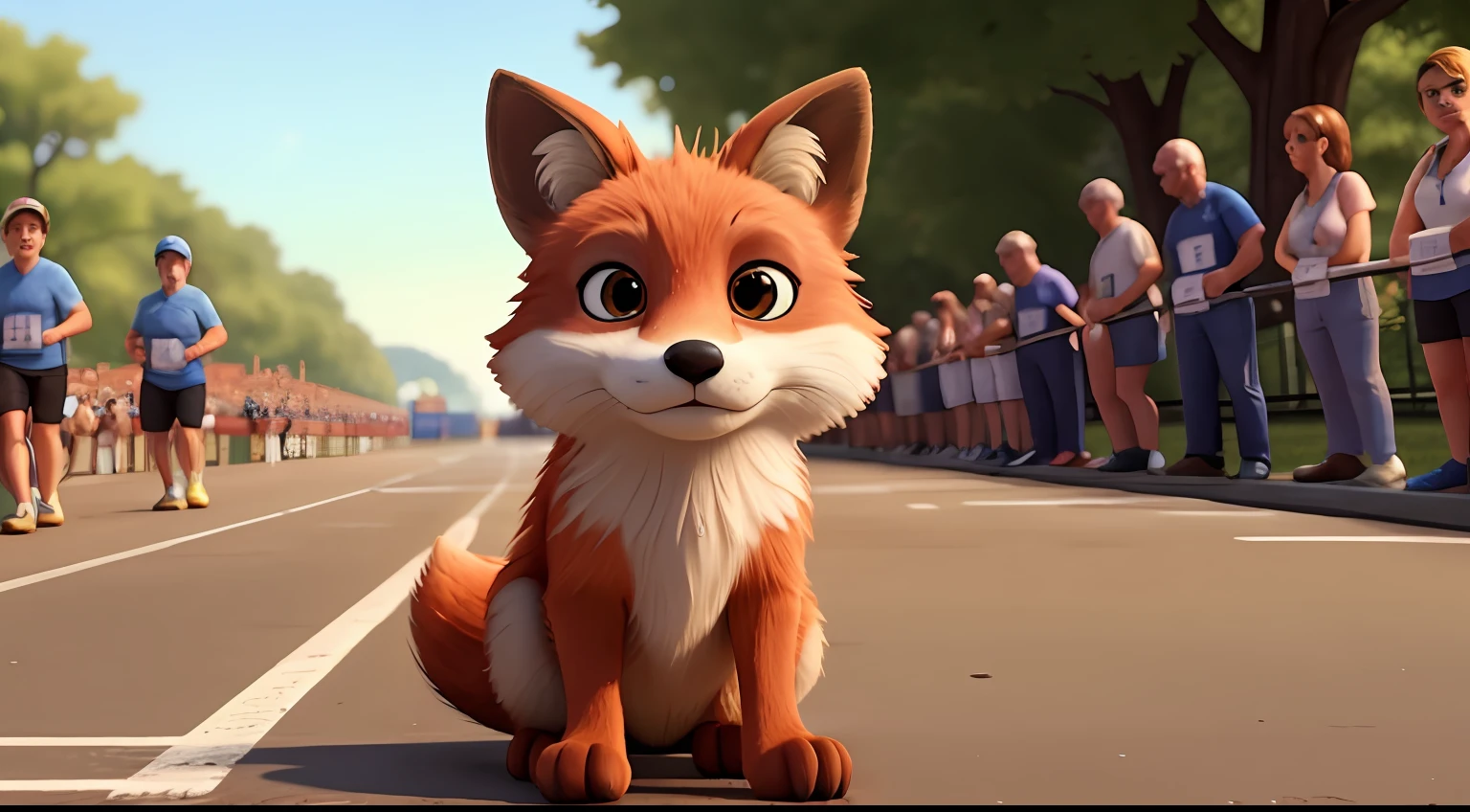 "On the starting line of a race, stands a young fox, alongside other animals," ((Best Quality)), ((Masterpiece)), (Detailed: 1.4), 3D.