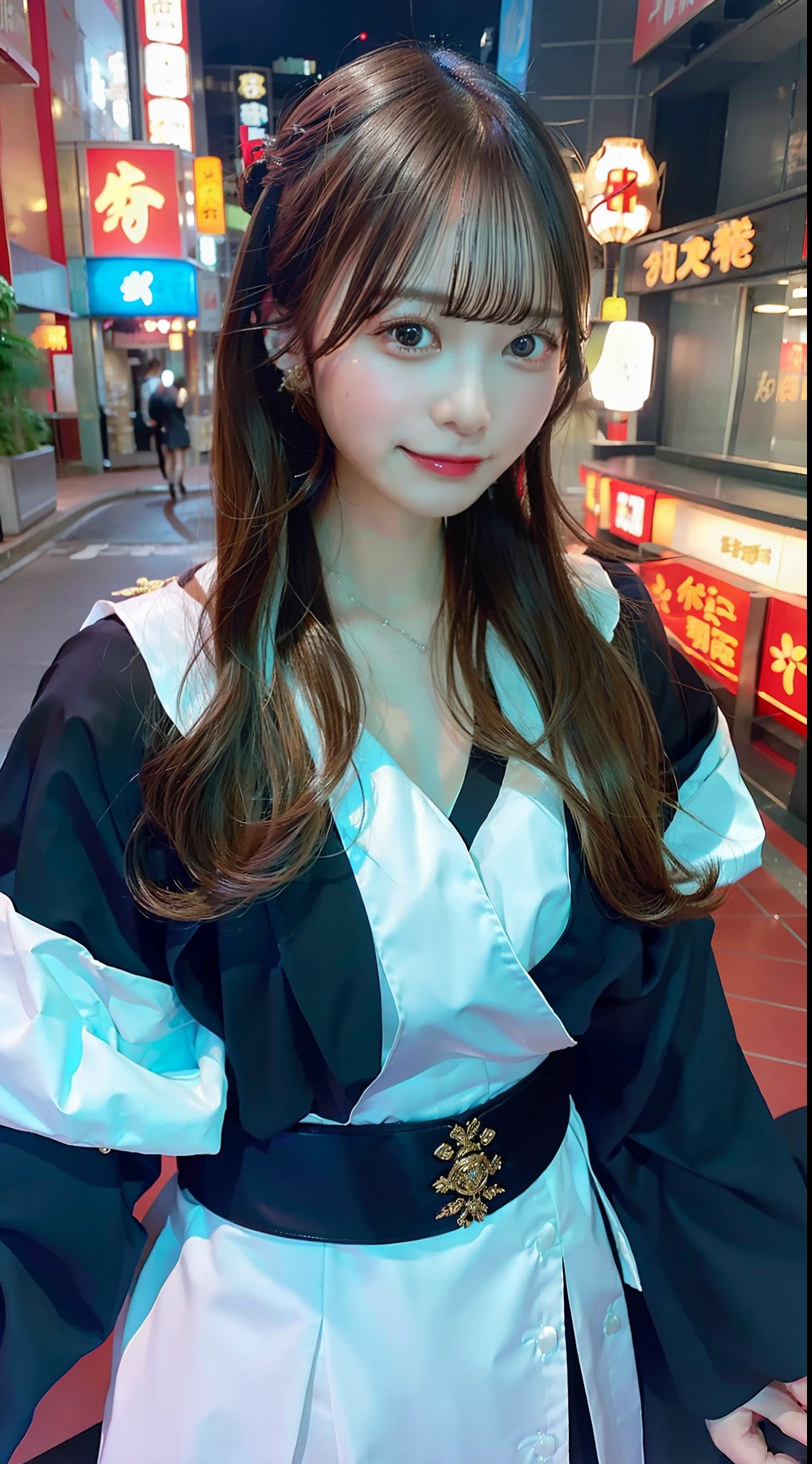 (tmasterpiece), best qualtiy, 超高分辨率, closeup cleavage, slimfigure, 1girl, 校服, long whitr hair, giggles, Ramen, the night, Tokyo restaurant background, Colorful lights, photon maping, Radio City, physically-based renderingt, cinmatic lighting, iintricate, high detal, sharp fokus, dramatics, 真实感,long leges