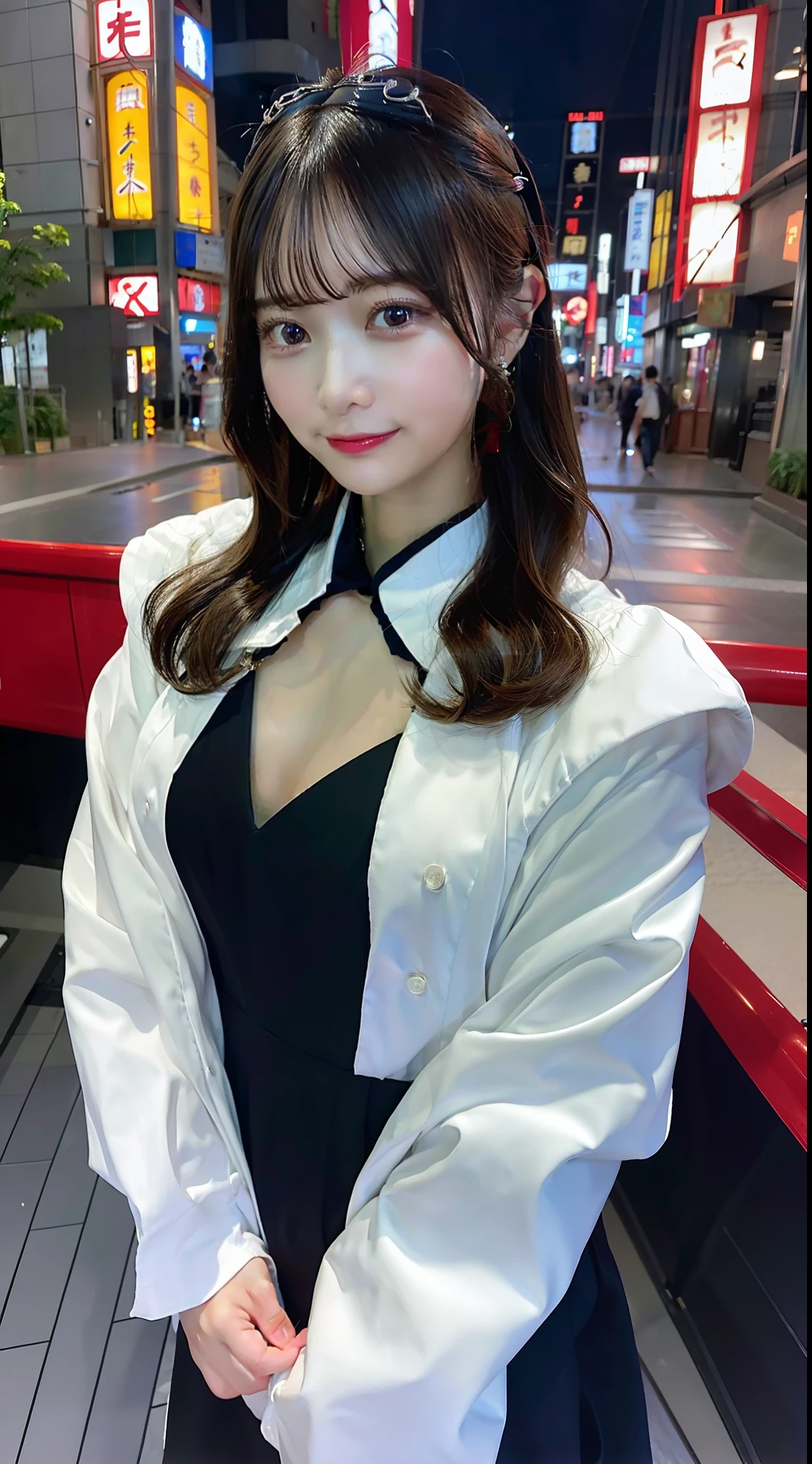 (tmasterpiece), best qualtiy, 超高分辨率, closeup cleavage, slimfigure, 1girl, 校服, long whitr hair, giggles, Ramen, the night, Tokyo restaurant background, Colorful lights, photon maping, Radio City, physically-based renderingt, cinmatic lighting, iintricate, high detal, sharp fokus, dramatics, 真实感,long leges