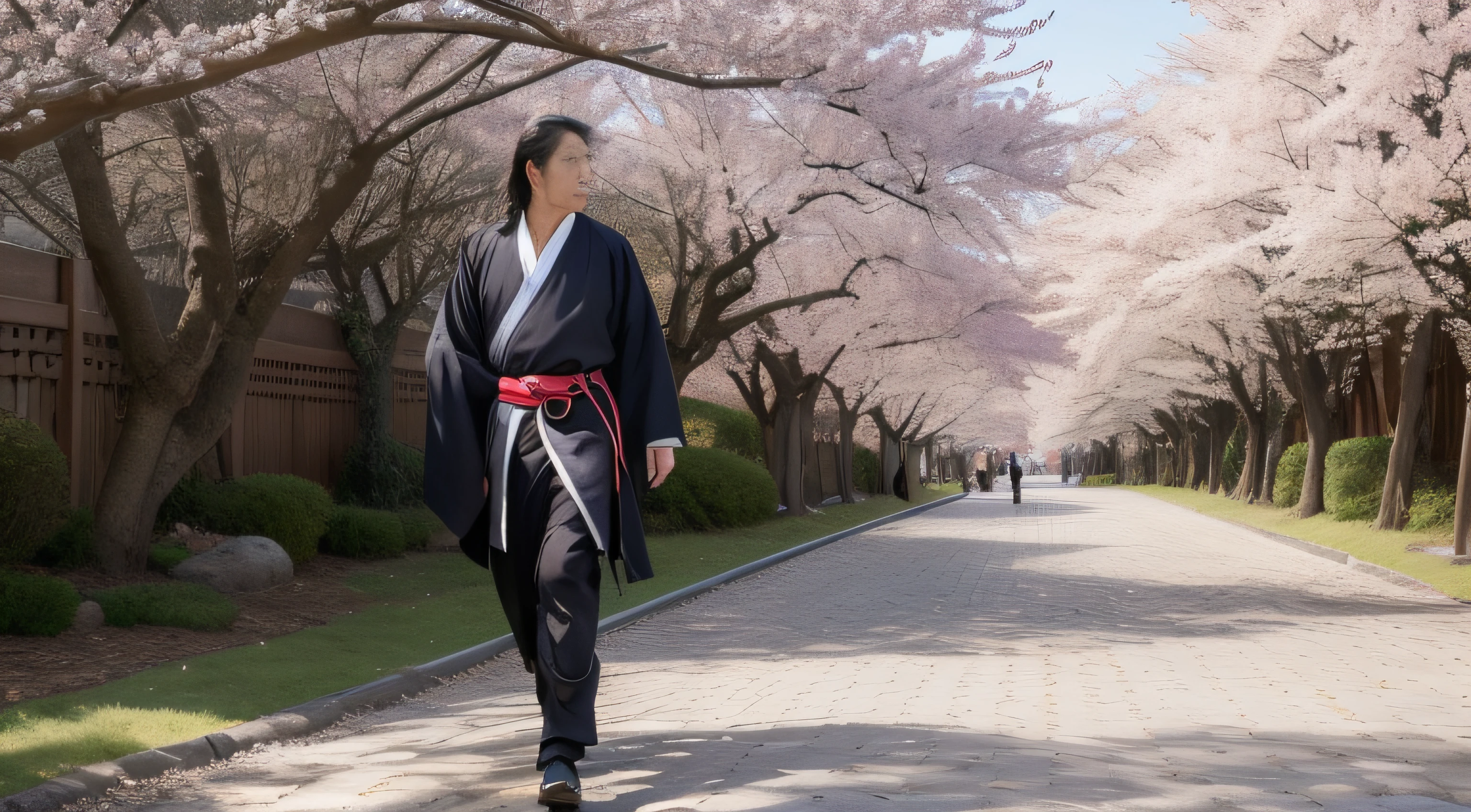 Miyamoto Musashi walks with an air of purpose and poise. His eyes exude focus and determination, and his hands rest lightly on the hilt of his katana. The cherry blossom trees gently sway in the background, adding a touch of tranquility to the scene. This evocative image captures the essence of Musashi's journey as a legendary swordsman, inviting viewers to follow his path of mastery and wisdom.