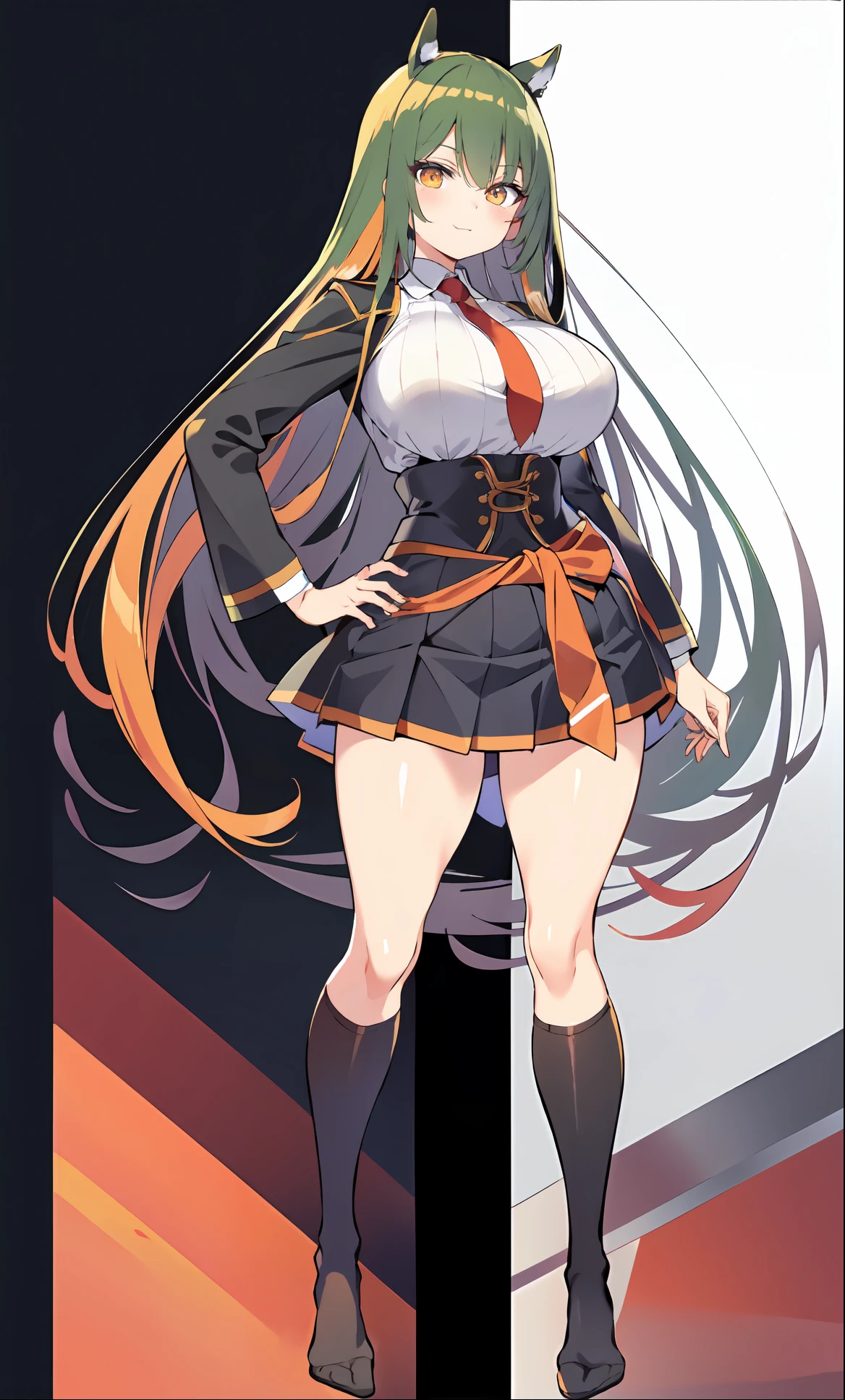 Drawing of anime girls, ( dual horsetail ), Horse Ears, Orange hair, (Cross your hands at the waist ), Fake smile, over knee socks, clean anime outlines, linear art, clean lineart, Simple lines of art, perfect lineart, variable lineart, ( huge tit ), ( Wide buttocks ), ( The background is blank ), ( Superskirt ), pleatedskirt, （Thin and beautiful eyes：1.2）, ( Front light ) , （tmasterpiece：1.6，best qualtiy），high high quality，beauitful face，