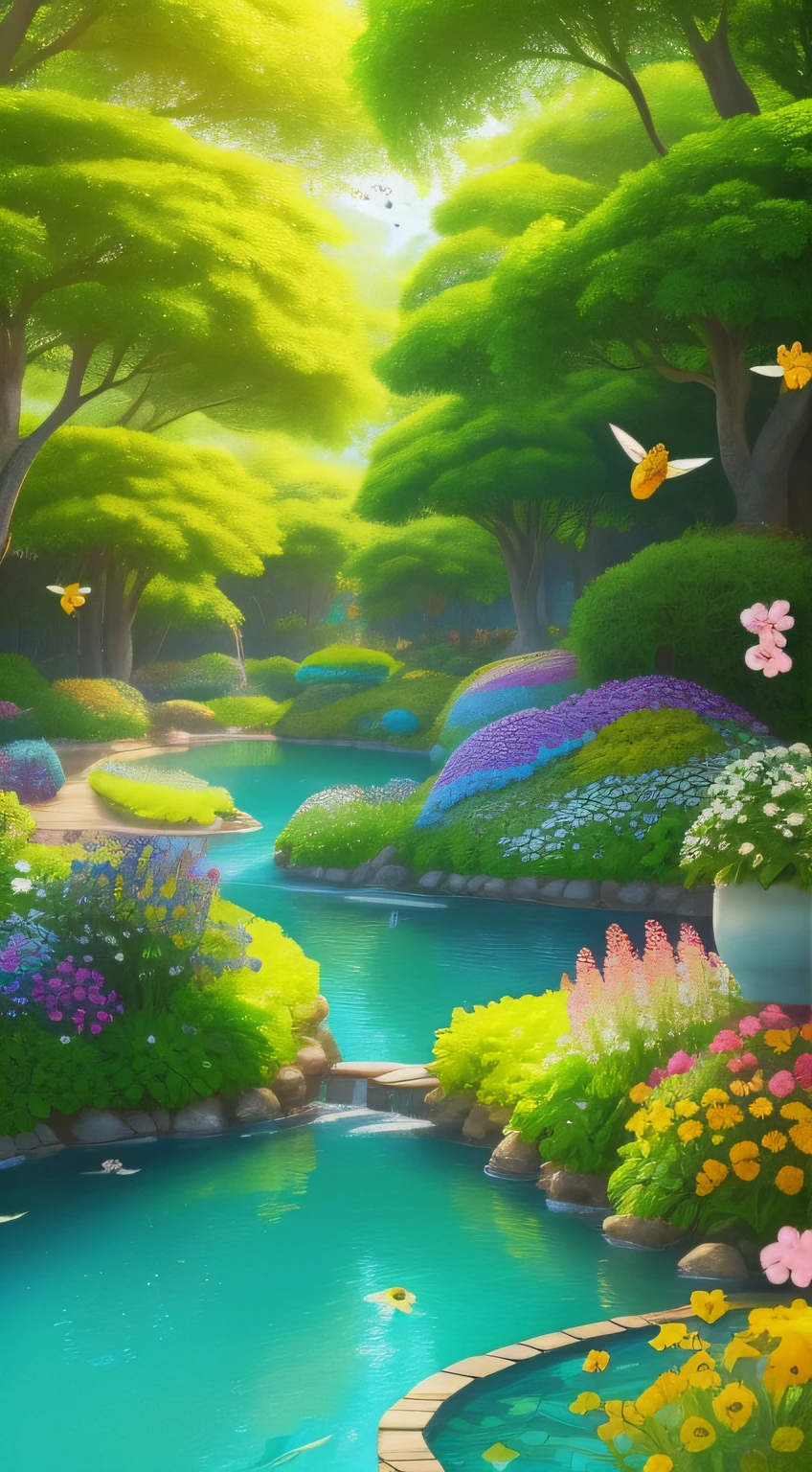 Crie um Jardim Repleto de flores de diferentes cores e tamanhos de desenho animado, luscious greenery, (with leafy trees and nice shades), Grama verde, (desenho 3d), Hive hanging from tree, (2.1), Small lake with crystal clear waters, Pleasant climate, Com sol brilhando, (ultra qualidade), bees collecting nectar from flowers, borboletas coloridas, uma abelha sem saber o que fazer, birds singing, desenho animado, melhor qualidade, Film illustration, (ultra qualidade), (3d)
