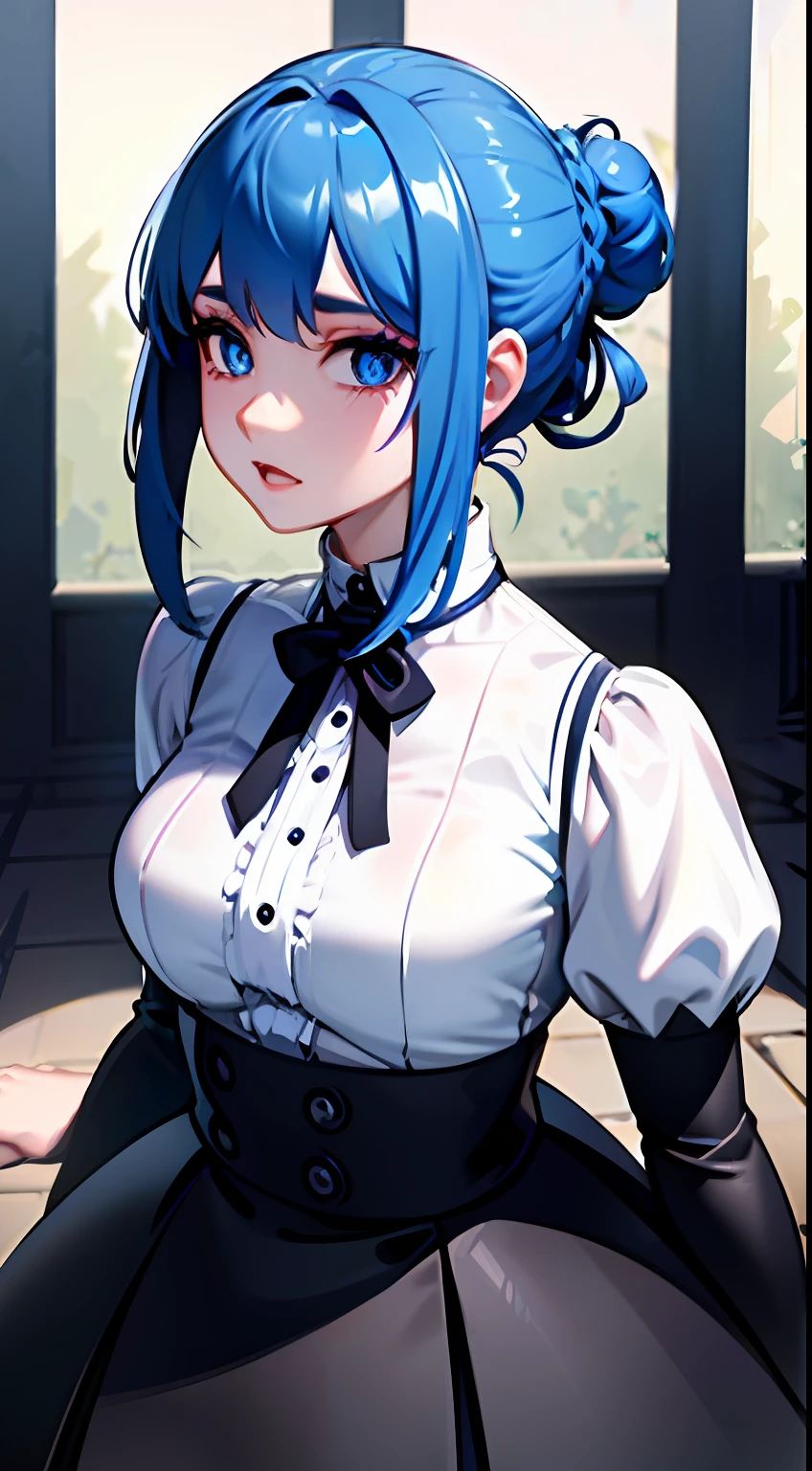 ((masterpiece)), (best quality), (detailed), (1girl), blue hair, blue eyes, updo, white shirt, black dress, looking down on the audience