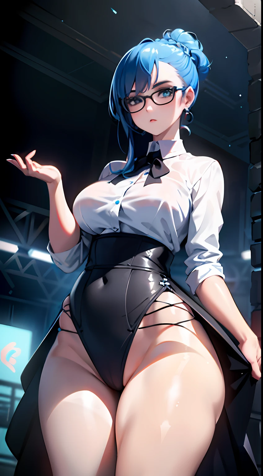 ((masterpiece)), (best quality), (detailed), (1girl), blue hair, blue eyes, updo, white shirt, black dress, looking down on the audience
