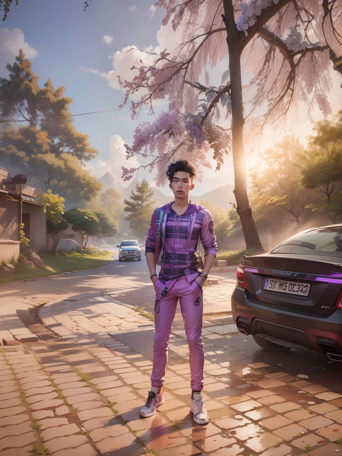 Tumblr male influencer, , Asian, Brazilian, lilac hair realistic face, 8k