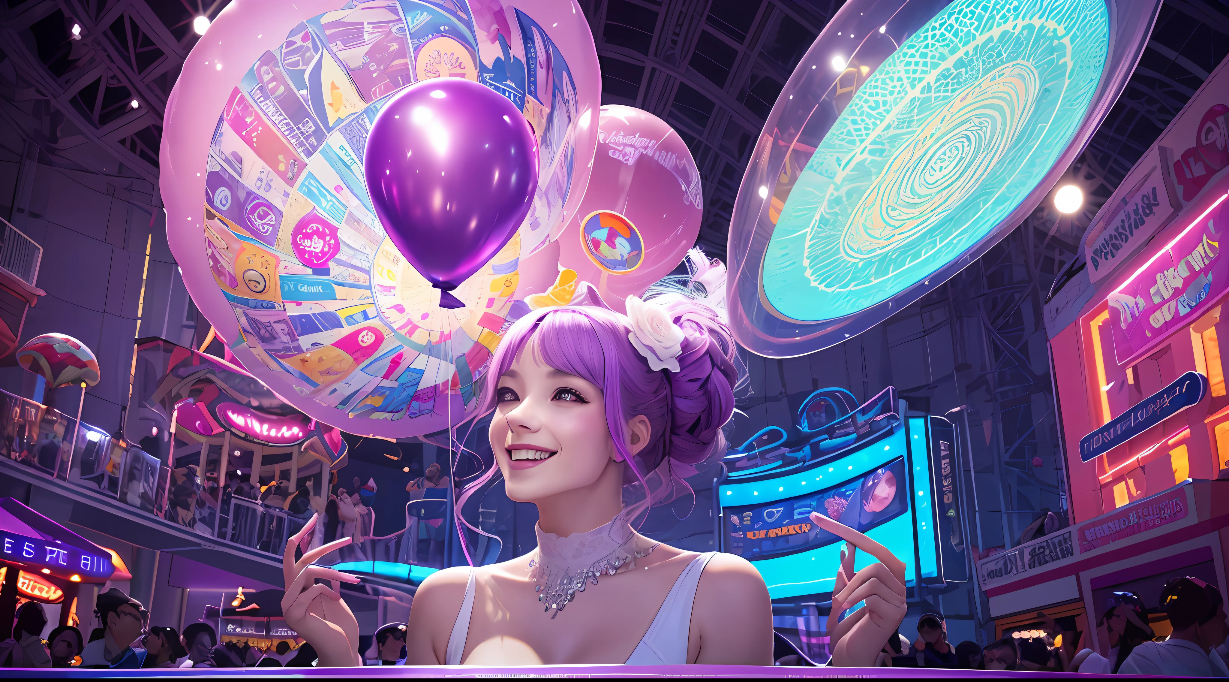 Poster making, infographiste, femme magnifique, in a futuristic amusement park, A dazzling young woman holding a purple balloon with encoded fractals inside this happy balloon, radiant femininity, heureuse et sensuelle, extremely detailed