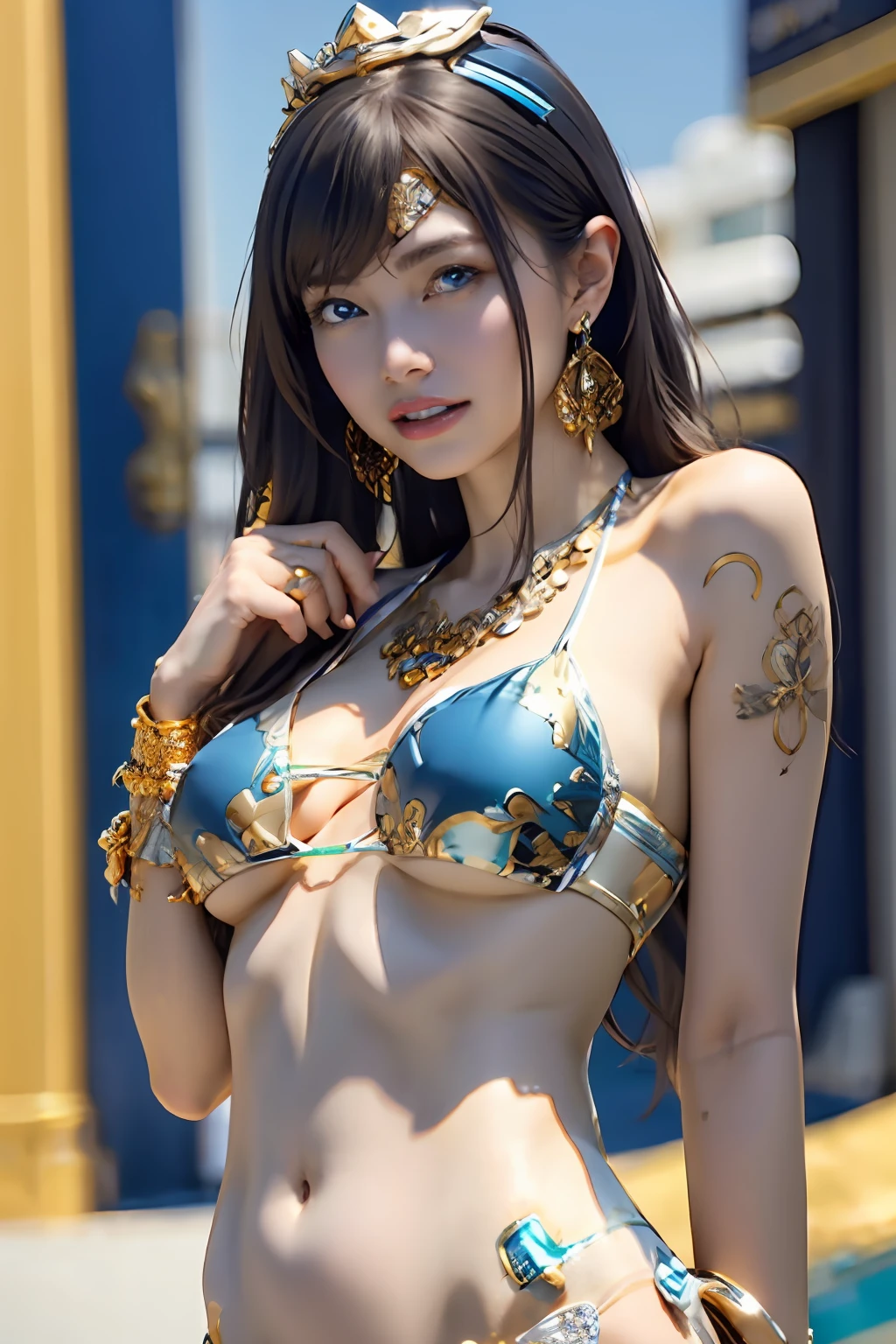 Ultra-detailed complex 3D rendering of faces、(masterpiece、top-quality、octan render、)、Glamour shot full body image、Very beautiful young elf、 cleavage of the breast、(highlydetailed skin:1.2)、(Pubic hair shows through:1.1)、(((Blue and gold micro bikini and jewelry:1.95))))。、8K、((Very soft breasts))、((noticeable large pink areola))、((large full breasts:1.4))、Beautiful Caucasian woman with big buttocks full soft breasts and white skin、1 persons、Long braided hair、large full breasts、dynamic ungle,((Jewel Magic Wand)) 、hyper realistic photography、(((a blond)))、(futuristic city backdrop)、face muscles、(((Detailed and ornate diamond crown))))、In the style of Marvel Comics、 ArtStation Trends, Clear focus, intricate detailes, ighly detailed, Detailed green eyes, foco nítido, a digital rendering, proffesional、abdominals、glowy skin、sexypose、(Golden tattoos all over the body)、Golden lame skin、Mansuji、s ass、(Jewel the whole body)、It has silver scales)、Brown hair、Seductive look、Detailed and beautiful white teeth、Armpit、Armpit、
