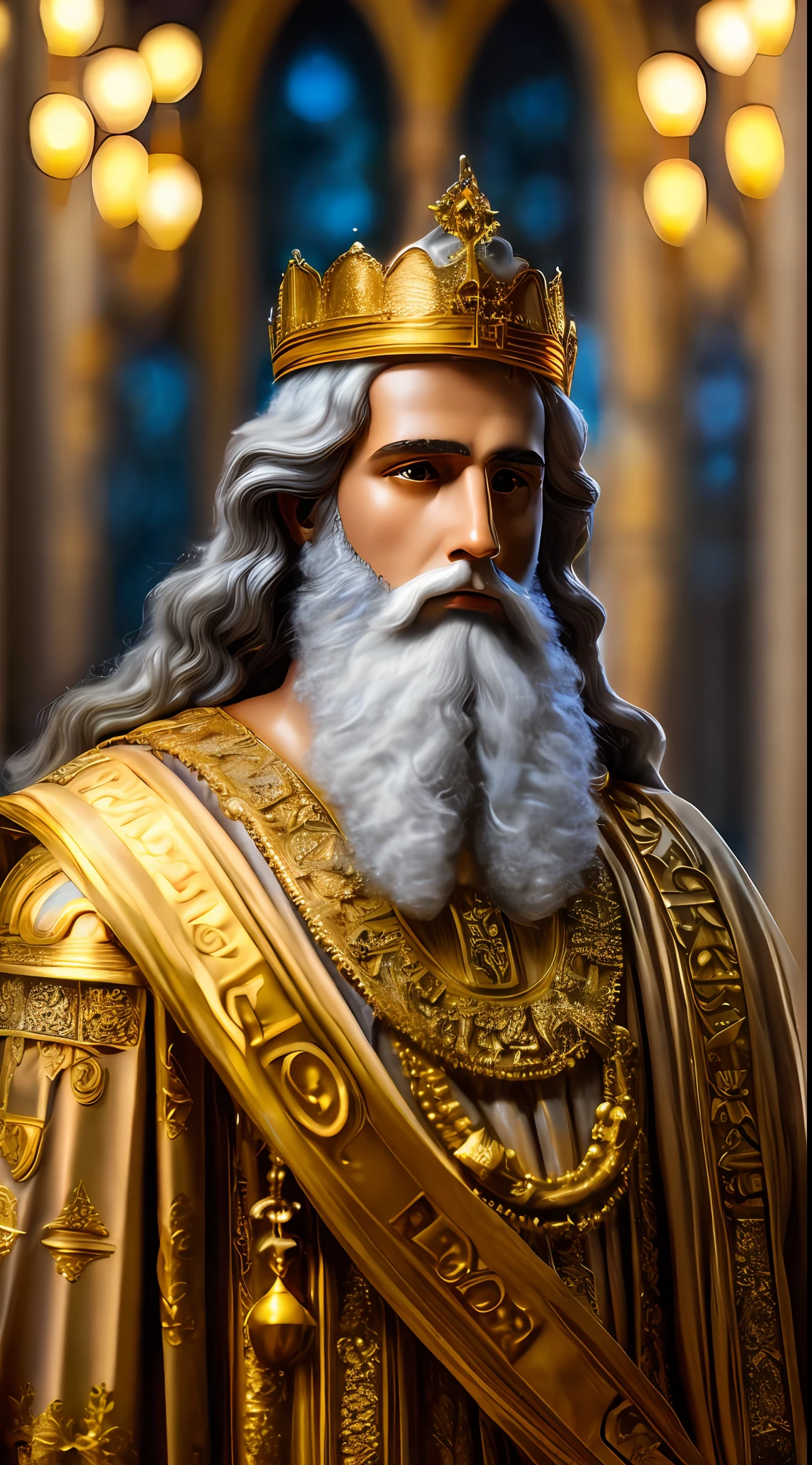 KING Solomon, as quoted in the Bible, as the wisest man in the world, em seu trono real, Intimidador, armadura ornamentada, coroa real, blurry background, Nemural lighting, cabelo curto twintails, Olhando_em_visualizador, sozinho, altamente detalhado 8k