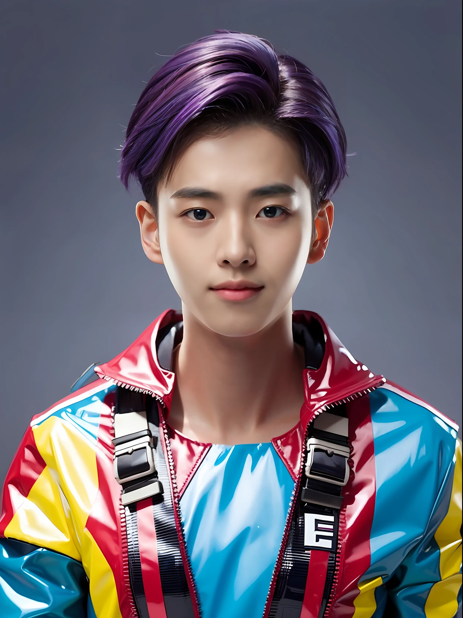 A 16-year-old male high school student，Wearing PVC red race outfit，Purple-cyan hair is slightly curly