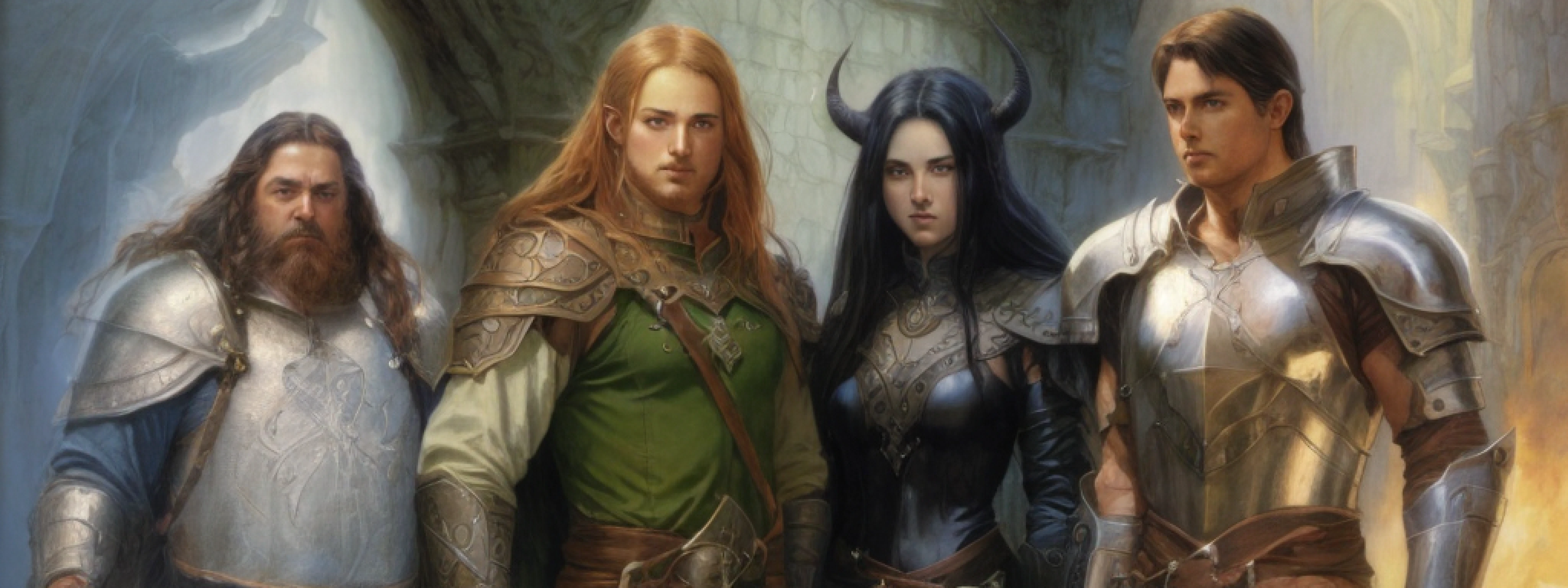 a guild, d&d, a dwarf, an elf, a tiefling and a paladin, dark fantasy background, art by Alan Lee