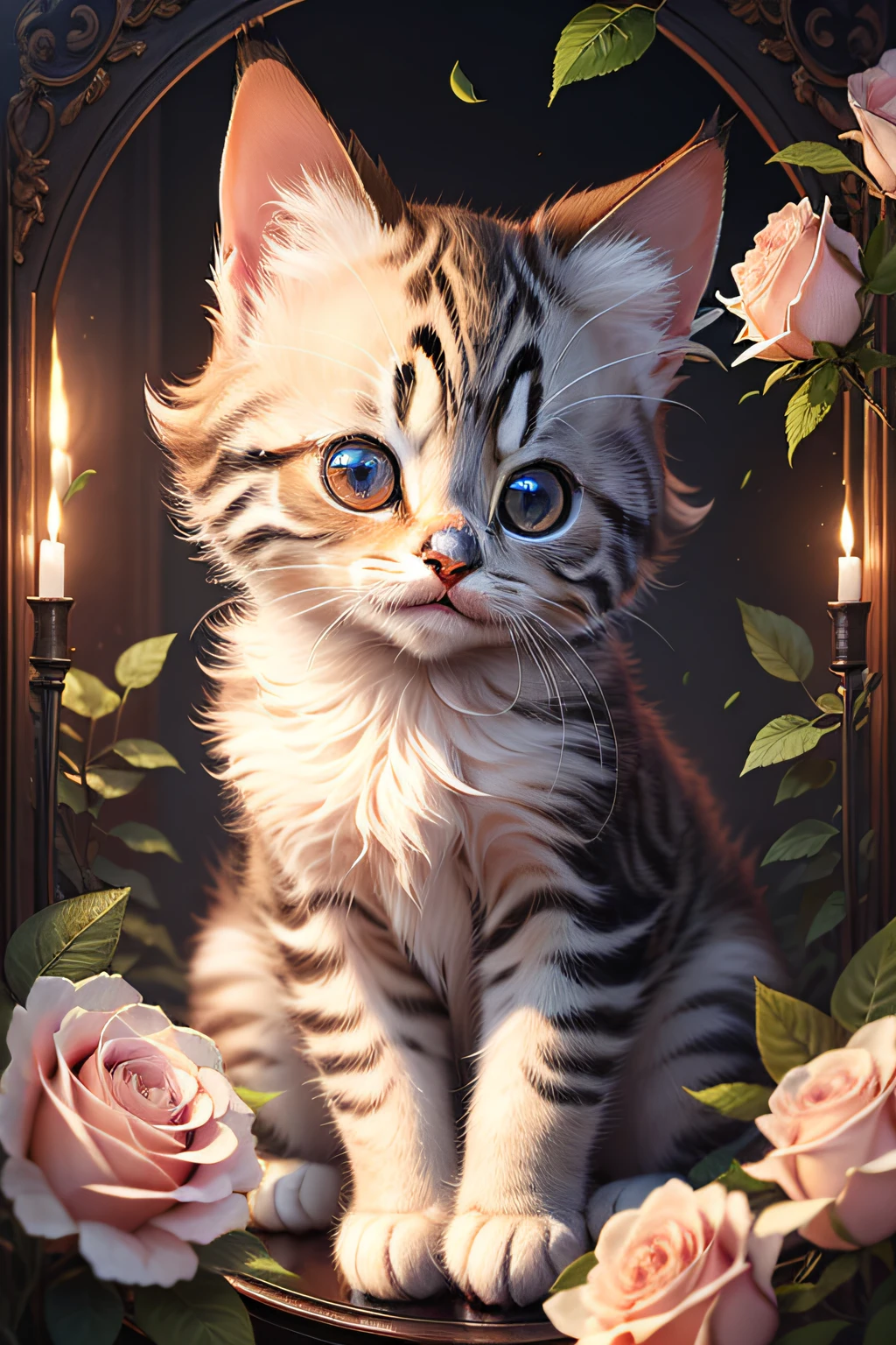 In this ultra-detailed CG art, the adorable kitten surrounded by ethereal roses, best quality, high resolution, intricate details, fantasy, cute animals