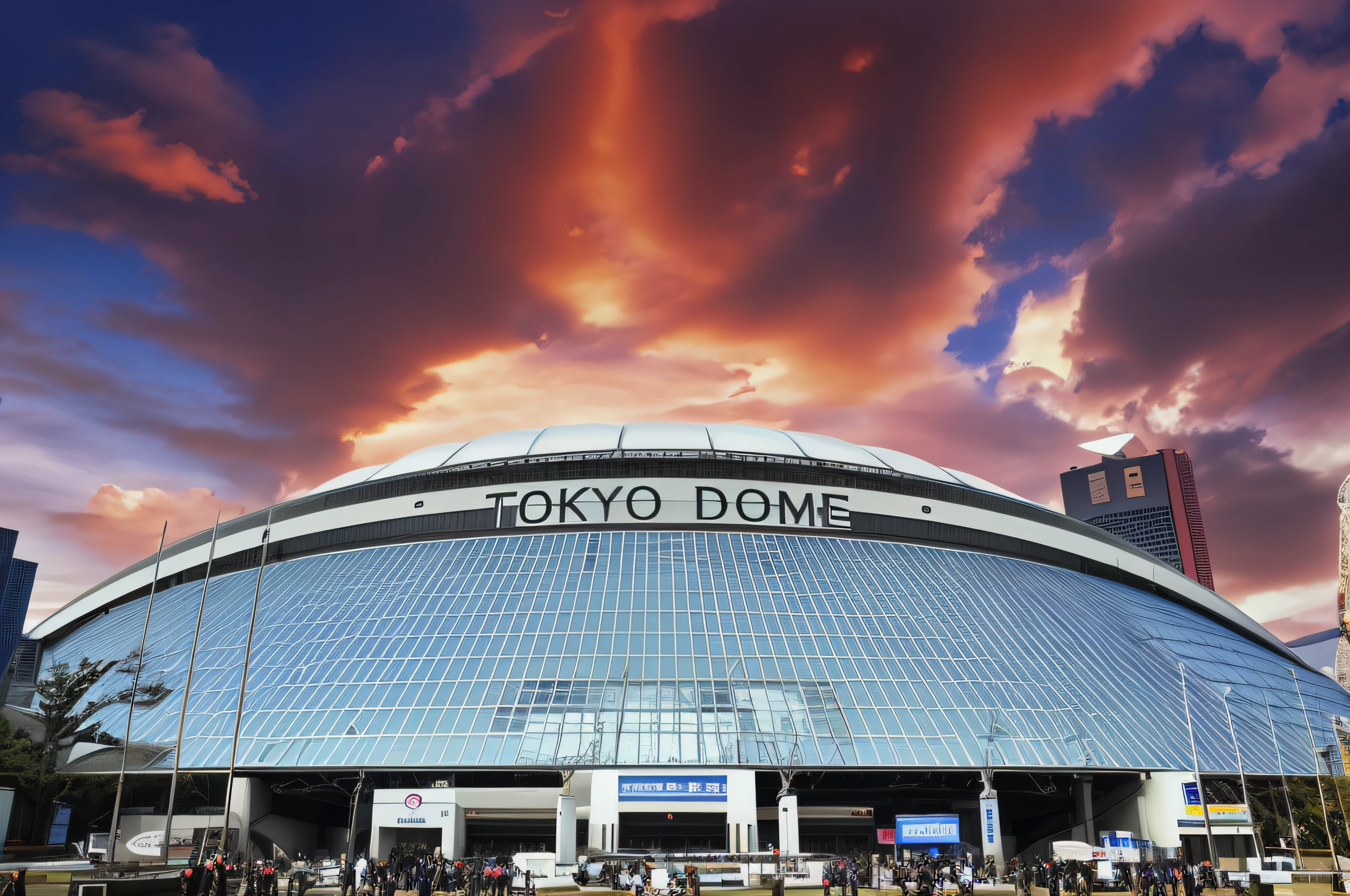 Tokyo Dome, Skydome, Cool Skydome, the photo shows a large, Futuristic sports arena, shot on a 9.8mm wide angle lens,, dome, Art Deco stadium, Baseball Stadium, tokyo prefecture, Stadium, wide angle photograph,