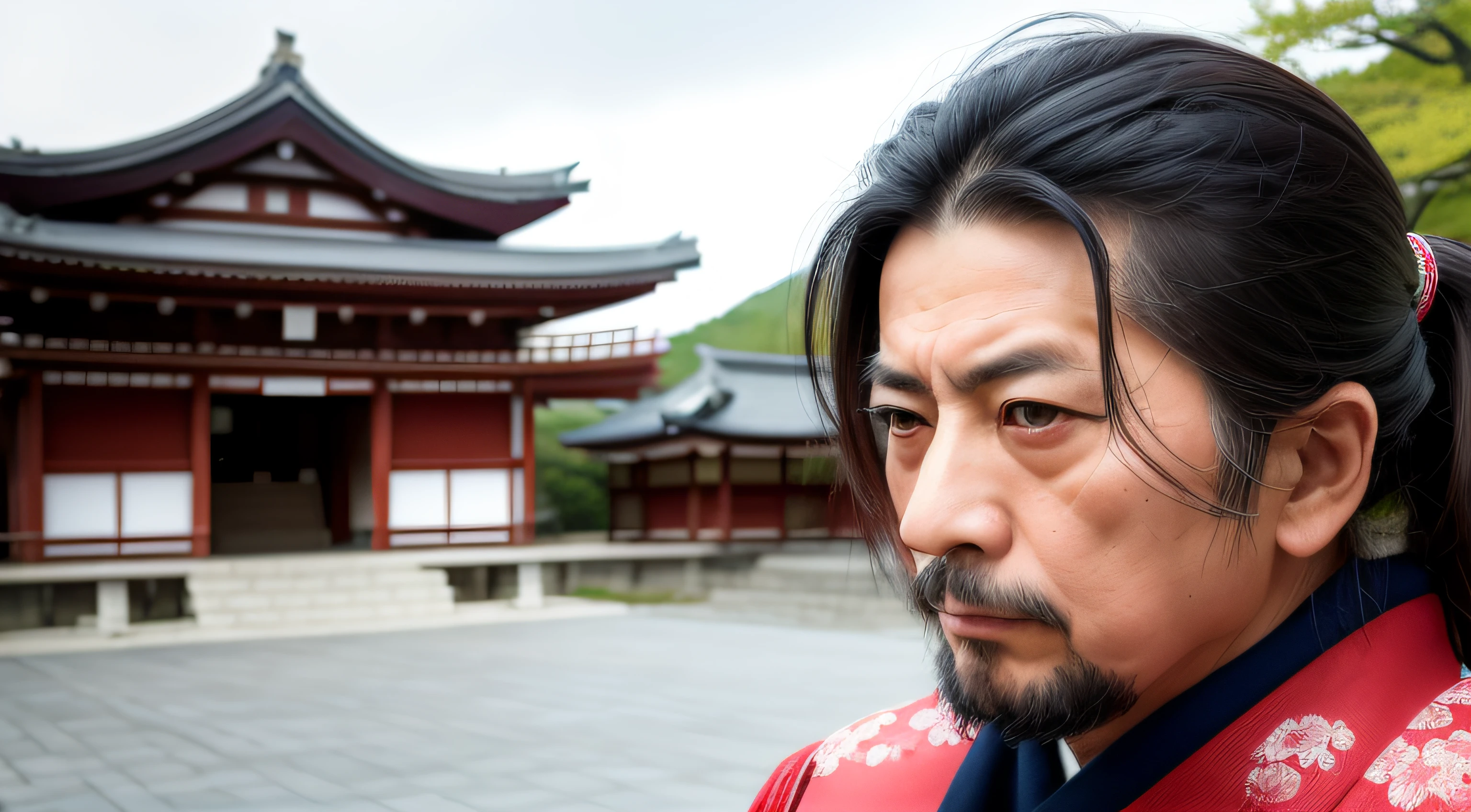 In this captivating close-up, Miyamoto Musashi, the legendary Japanese swordsman and philosopher, is framed in the right corner of the screen. His focused gaze and resolute expression are the focal point of the image, drawing the viewer into the depths of his character. The background showcases a blurred and dreamy view of Japan, with cherry blossom trees and traditional architecture creating a picturesque setting. This evocative image captures the essence of Musashi's legendary persona while highlighting the beauty and cultural richness of his homeland.