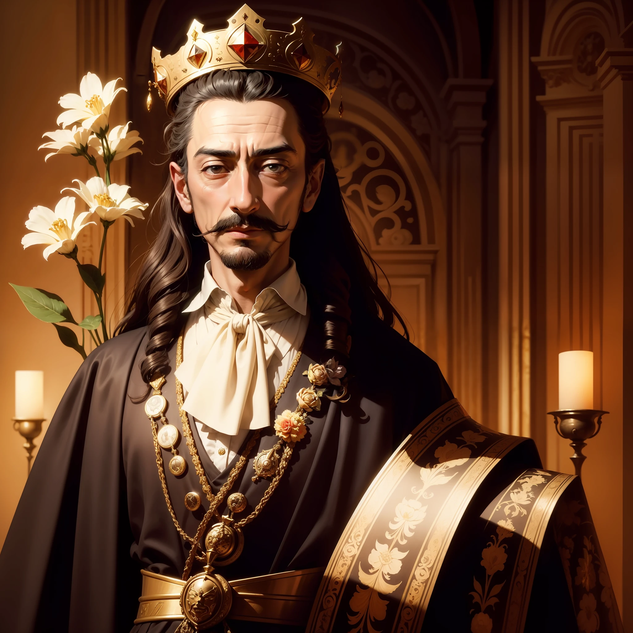 original, masterpiece, best quality, official art, painting, Salvador Dali as king,with flowers in he's mustachs, cinematic lighting,