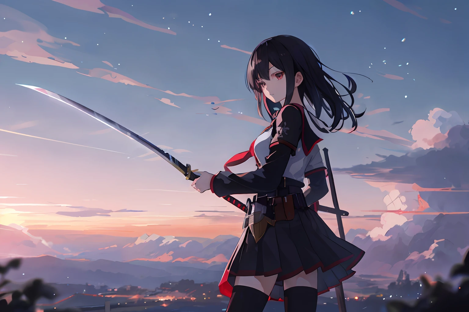 animemanga girl，Has black hair，Holding a sword in hand, From the night of the ark, Badass anime 8 K, arknight, Guweiz in Pixiv ArtStation, Anime art wallpaper 8 K, Anime art wallpaper 4k, Anime art wallpaper 4 K, Guweiz on ArtStation Pixiv, style of anime4 K, Best anime 4k konachan wallpaper