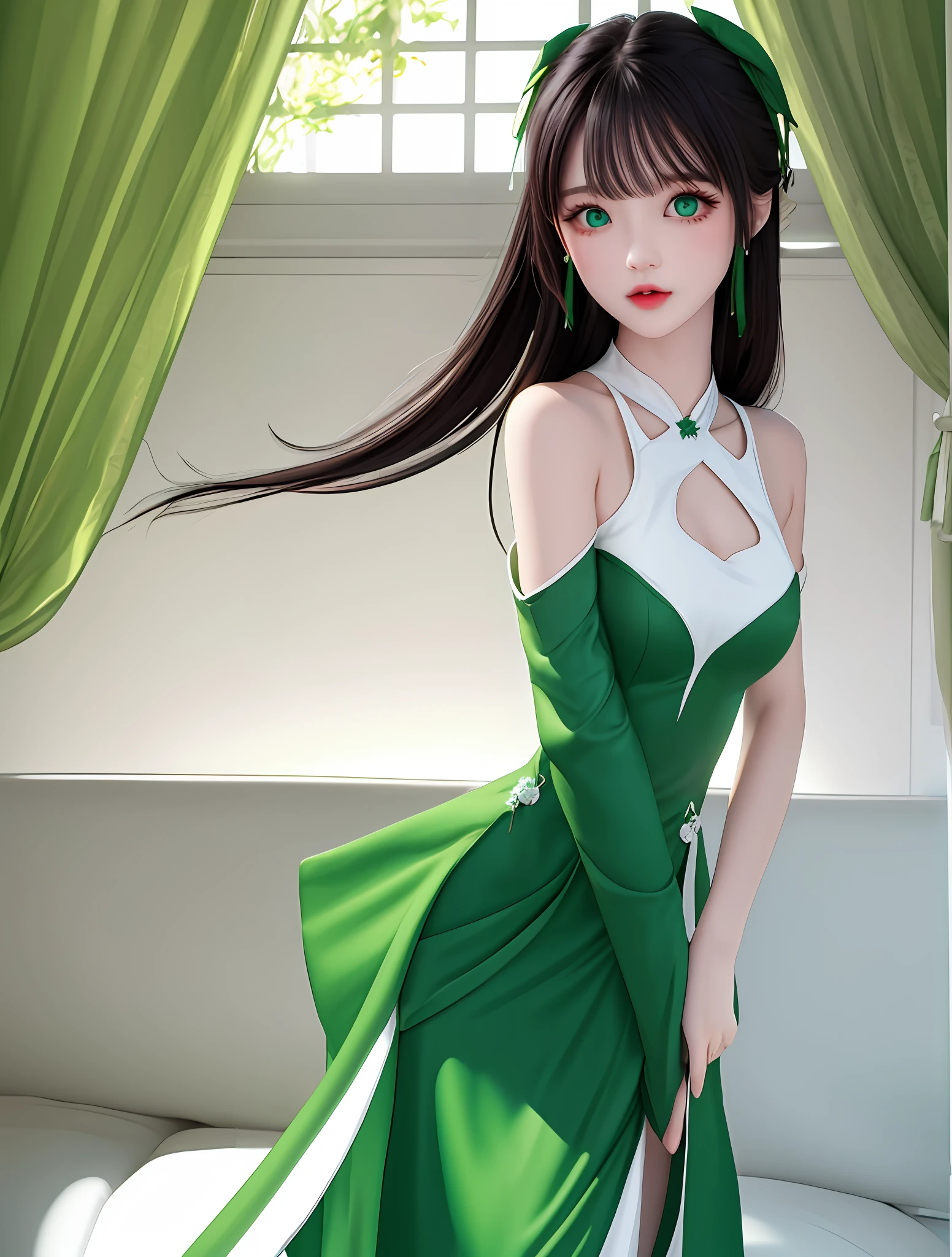 black hair, green dress, green eyes, thin, 20 years old and white.