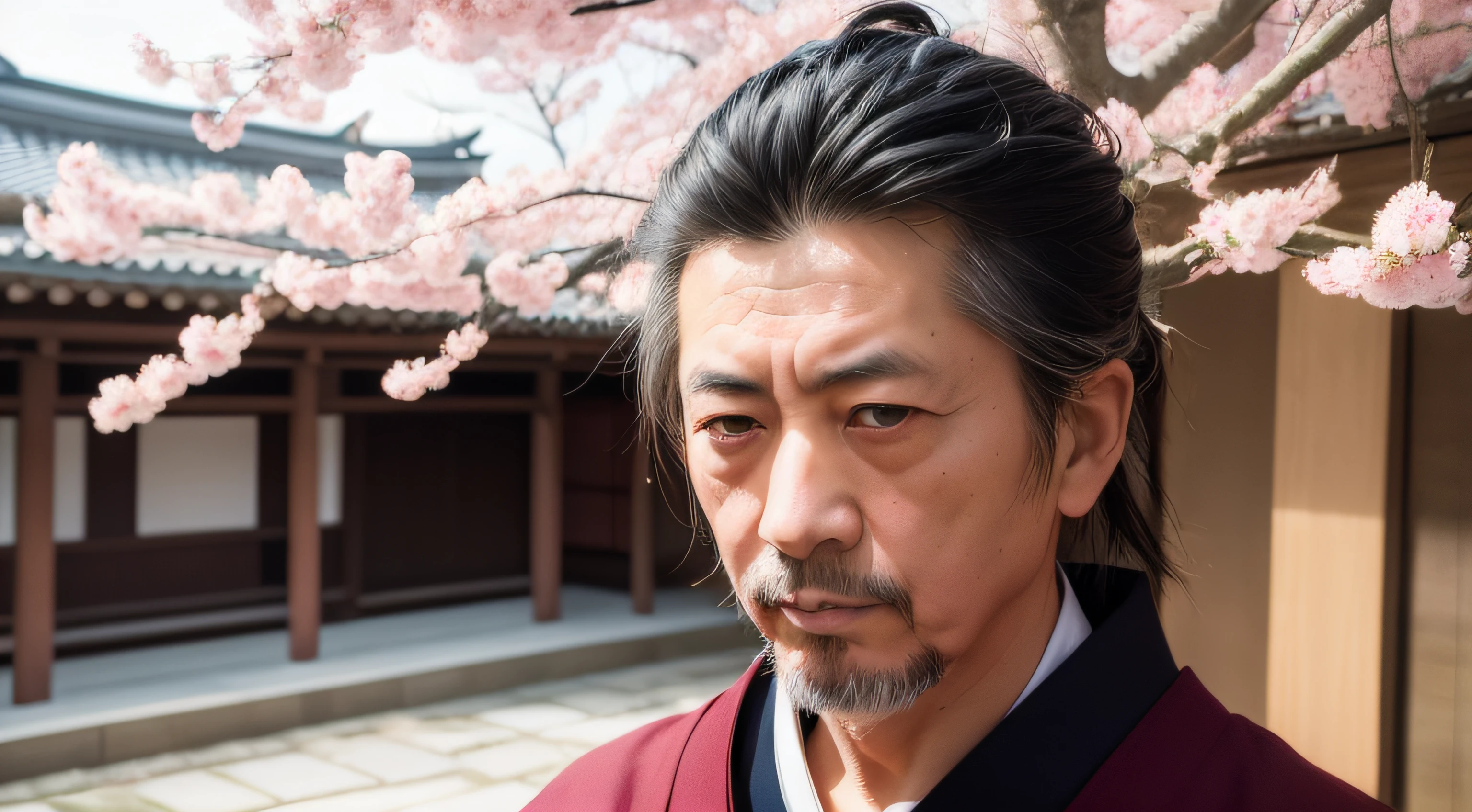 In this captivating close-up, Miyamoto Musashi, the legendary Japanese swordsman and philosopher, is framed in the right corner of the screen. His focused gaze and resolute expression are the focal point of the image, drawing the viewer into the depths of his character. The background showcases a blurred and dreamy view of Japan, with cherry blossom trees and traditional architecture creating a picturesque setting. This evocative image captures the essence of Musashi's legendary persona while highlighting the beauty and cultural richness of his homeland.