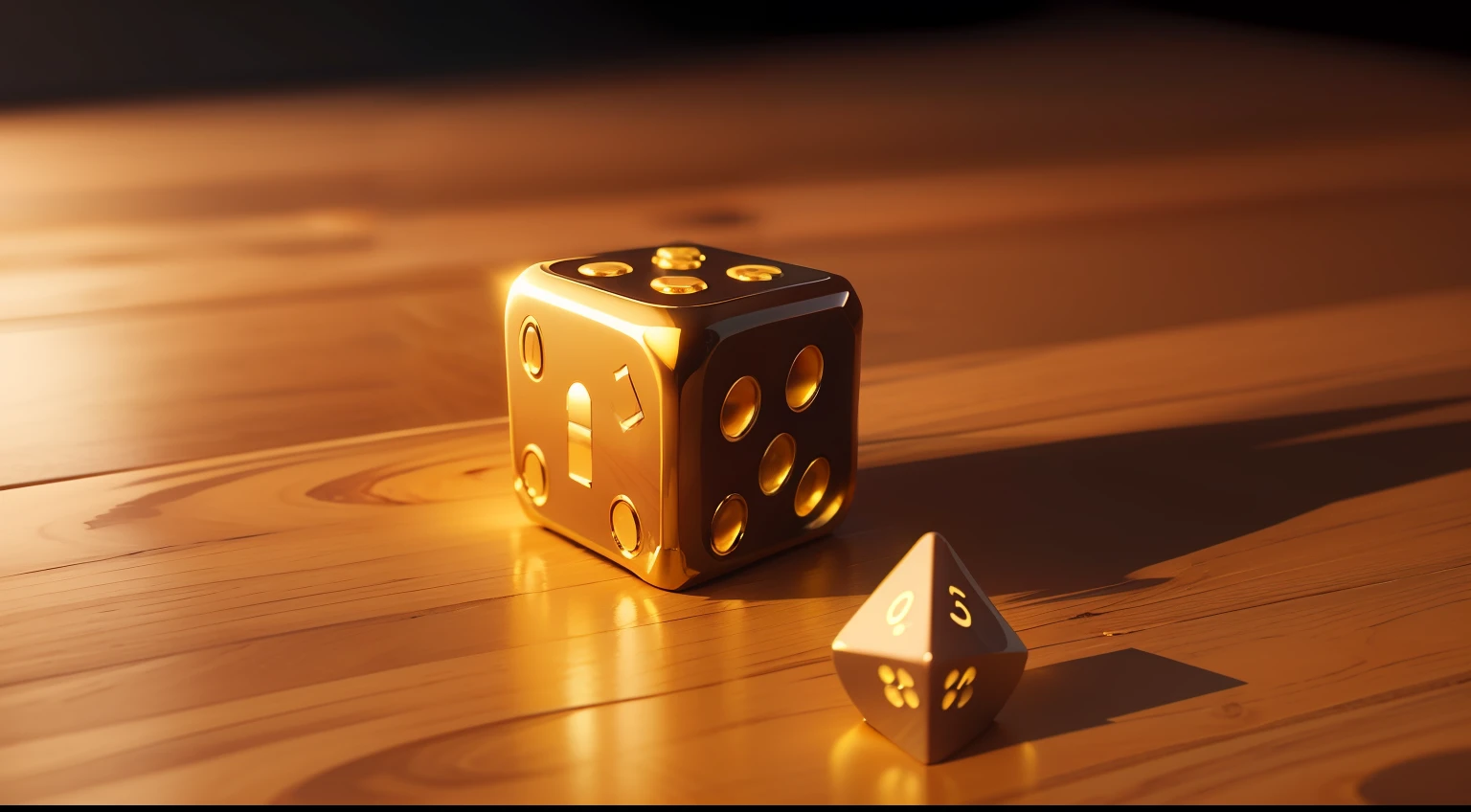 3d dice, alone, golden, on a wooden table