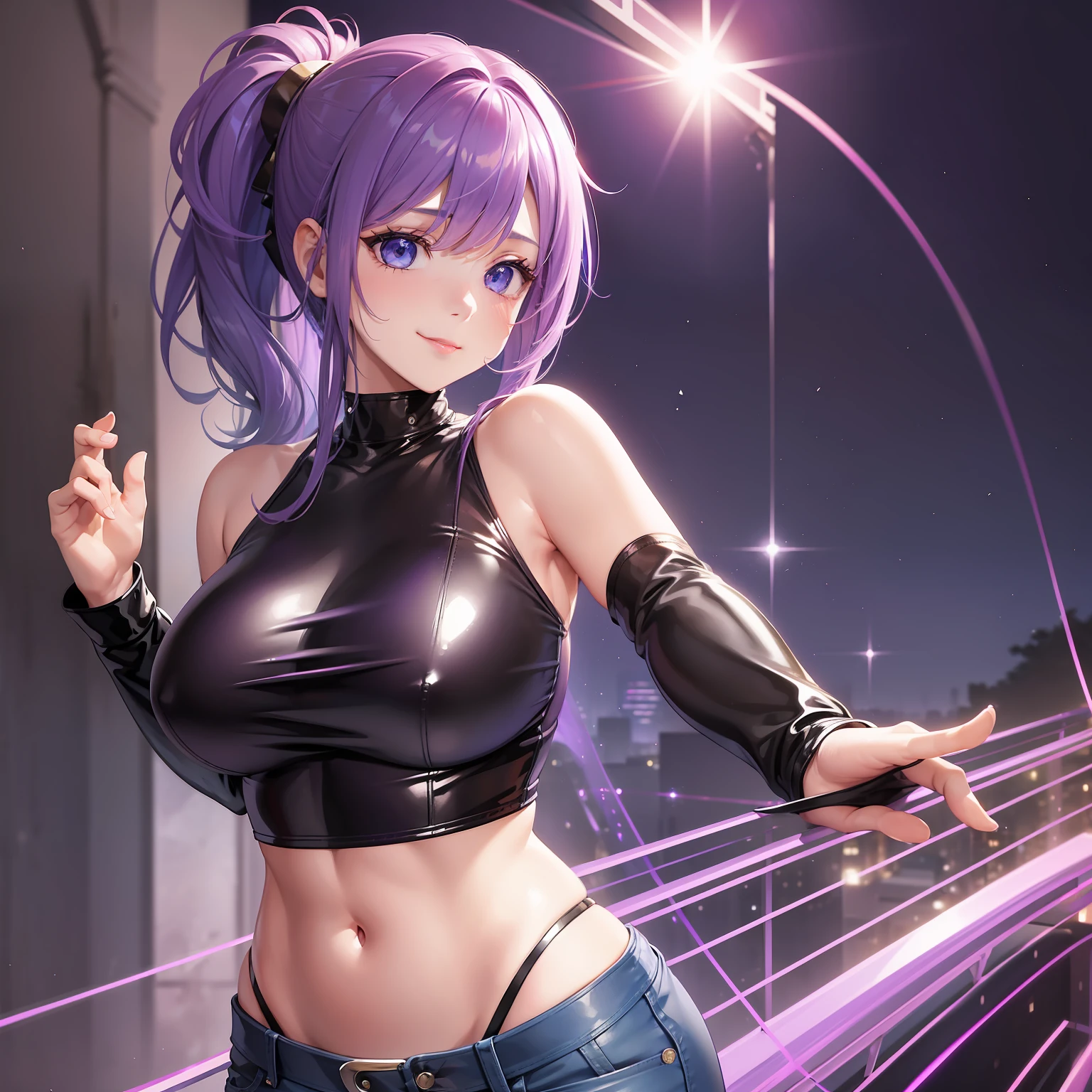 girl with、masterpiece of best quality、Ultra high resolution purple hair、a smile、Colossal tits、校服、blazers、Leather Jean、leather pant、blue eyess,Unity Post Process、fantastical light、Artistic background、evening glow、Soft atmosphere、Airy、dreamy、Sentimental、Rich in color、beautiful expression、A glamorous sight。
