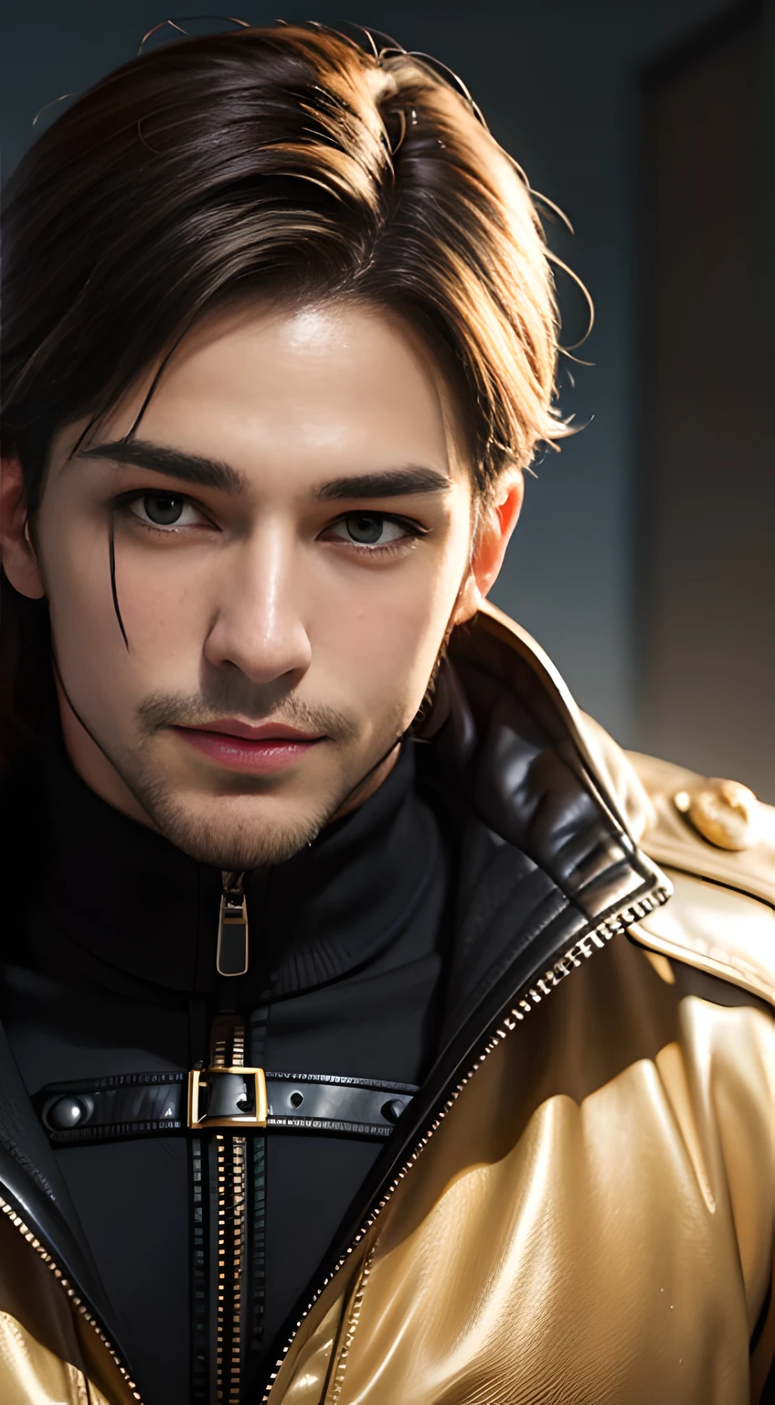((Men only)), (head shot), (Frontal Face), (Handsome muscular man in gold), gold in the background, gold hair, Chris Redfield, Mischievous smile, (detaile: 1 in 1), Natural muscles, HIG quality, beautidful eyes, (Detailed face and eyes), (Face、: 1 / 2), Noise, Real Photographics、... .....................................................................................................PSD, Sharp Focus, High resolution 8K, realisitic & Professional Photography, 8K UHD, Soft lighting, High quality, Film grain, FujifilmXT3