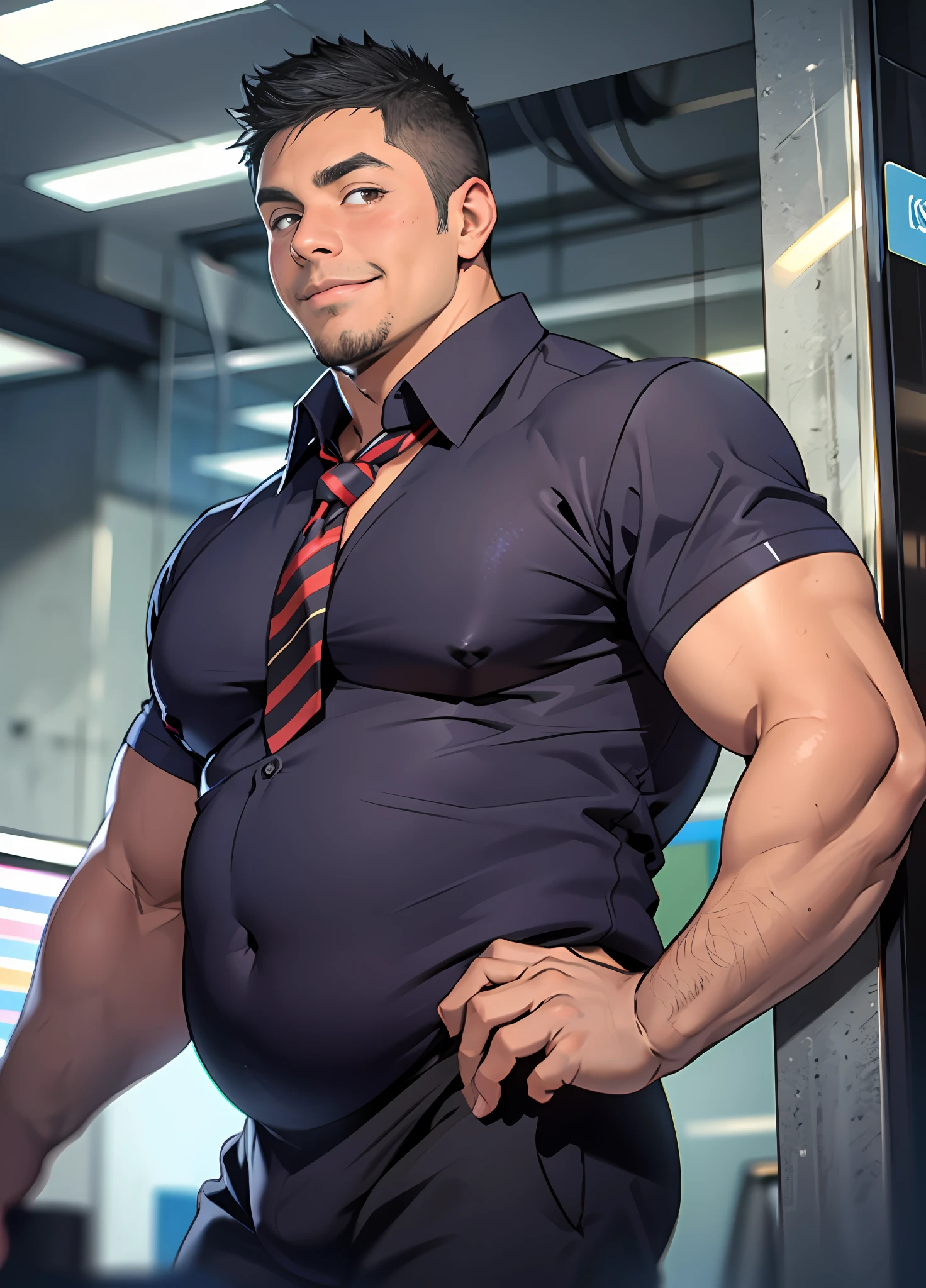 young face, thin face, Sharp Facial, Black hair, 1Boy, salaryman, dark brown eyes, beardless, tight shirts, necktie, pants, Best Quality, fat abs, fat, Tight breasts, fat breasts, from sideview, shirts, fat thighs, fat tits, fat arms, fat legs, fat body, Huge fat, photograph realistic, Masterpiece, male, side part hair, strong, (Pectoralis major: 1.2), Best Quality, 8K, OriginalPhoto, realisitic, high resolucion, The ultra-detailliert, film lighting, film grain, chromatic aberration, in office, tits huge, Dynamic Angle, Details Finger, big bulge, Huge bulge, bulge pants, smile , blush, embarrassed, closed mouth,