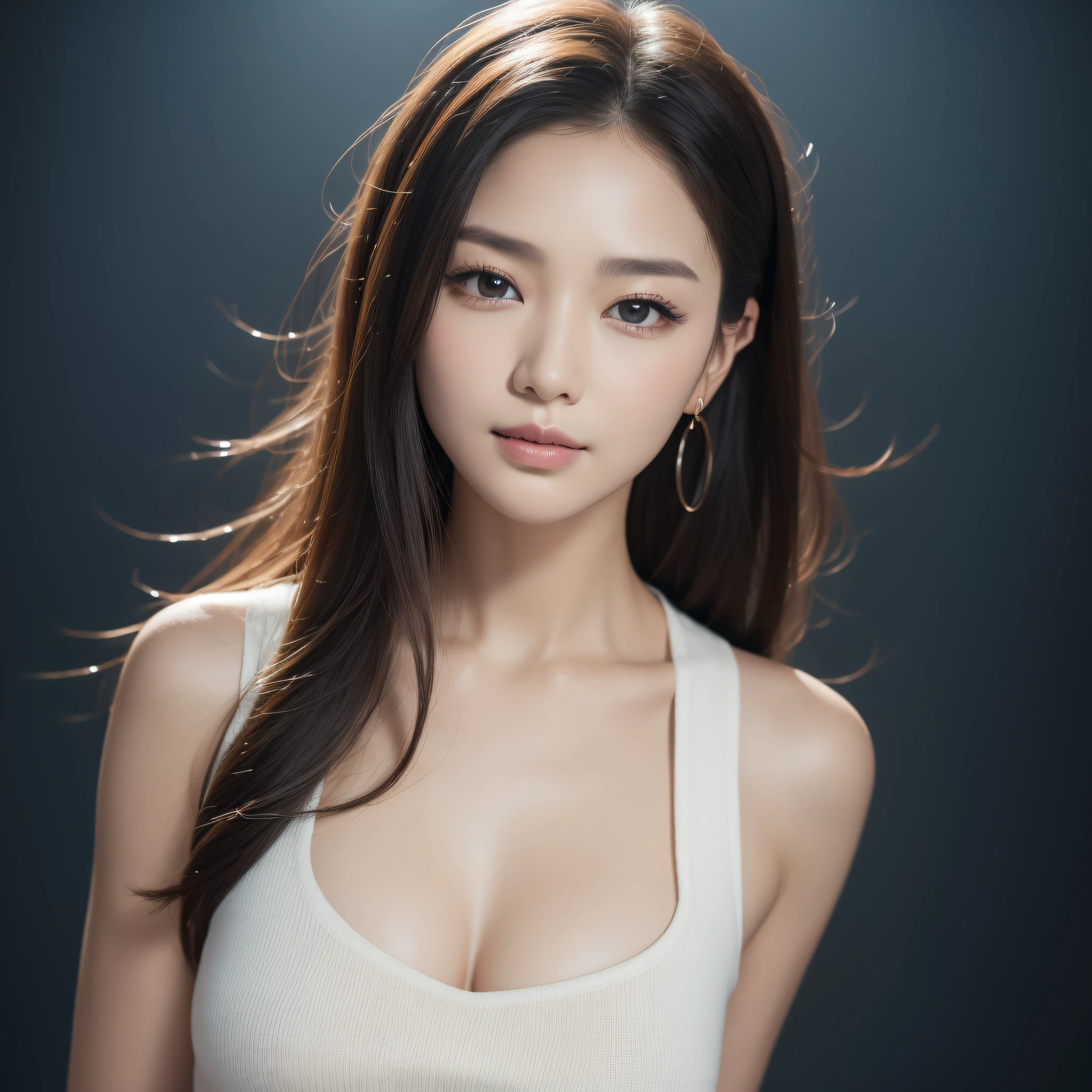 ((best qualtiy、8k masterpieces:1.3))、foco nítido:1.2、(ultra beautiful faces:1.0)、(shinny skin:1.0)、photos realistic、A dark-haired、Video Lighting、High-definition eyes and face、Video Lighting、(Korean Cute Actress)、from the front side、medium breasts、ssmile、Sleeveless、Slender Abs Beauty、Wearing a tar neck knit、medium-full shot