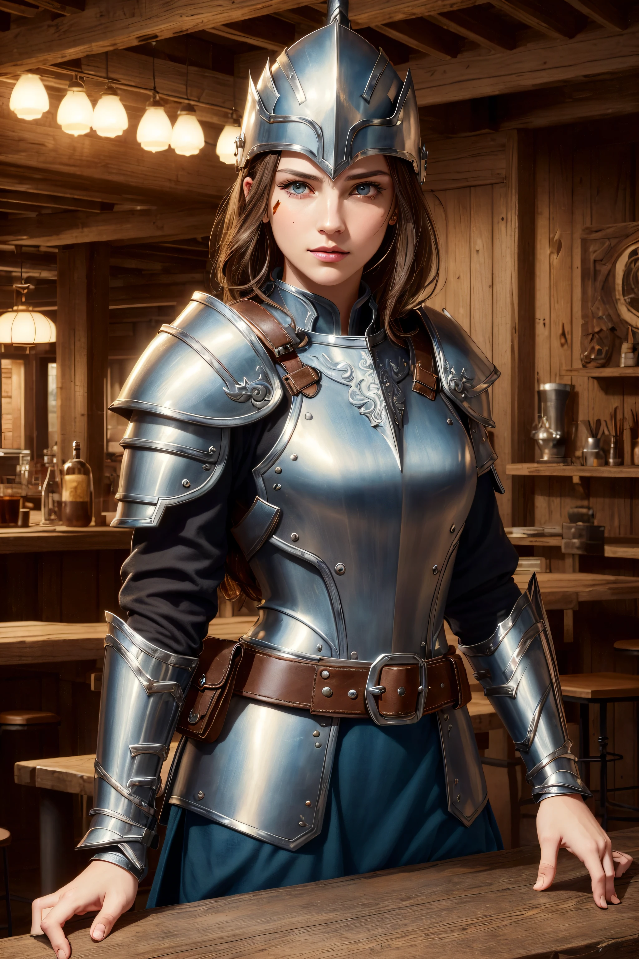 (skindentation:1.5), realistic, photorealistic, (masterpiece:1.5), concept art, intricate details, highly detailed, octane render, 8k, unreal engine, dynamic pose, best quality, highres, ((dramatic)), epic, depth of field, 8k, particles, (realistic face:1.1, hyperrealistic:1.1), ((1girl, close-up, medium breasts, perfect eyes, detailed eyes, high quality eyes, perfect_face, high quality face, shiny skin:1.2, shiny face:1.2, embarrassed, blush:0.8)), server, rustic tavern interior in background, pitcher, sign, jovial fantasy atmosphere, detailed background, blurry wooden bar table as foreground, (((brown hair, amber eyes, perfect hands))), ((warrior, sword, spear, shield, armor, helmet, belt, pouch, boots, gauntlet, cloak, bracers, amulet, greaves, war paint, talisman))