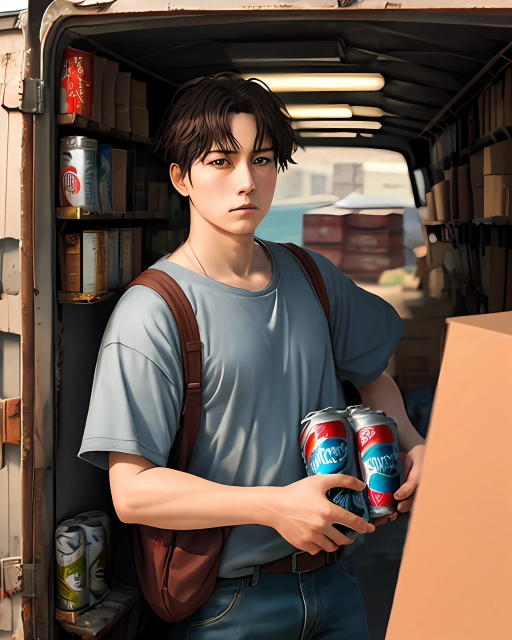 A person holds an open box,The inside of the box was filled with aluminum cans,live-action realistic style