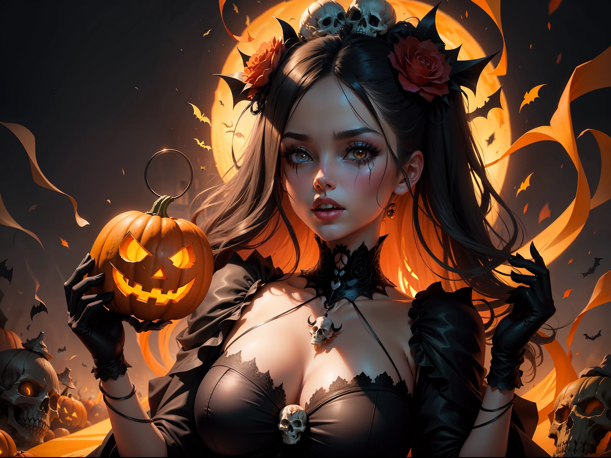 halloween horror beautiful goddess dark poster illustration explosion candy pumpkin skull