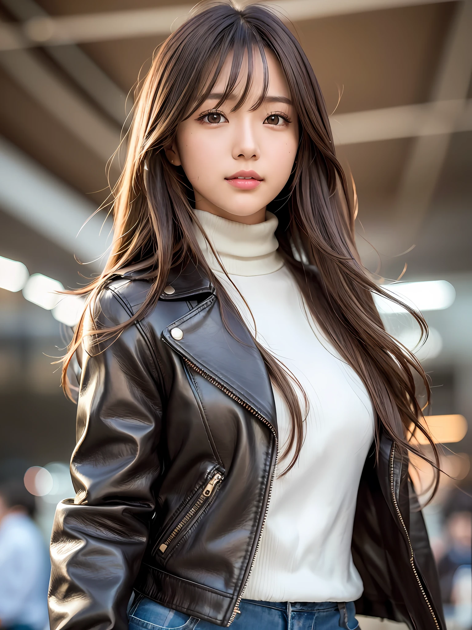 product quality, 1 girl per 1 photo, cowboy shot, front view, a Japanese young pretty girl, long bob hair, carrying a suitcase in a crowded airport, wearing a leather jacket over a white turtleneck sweater, denim pants, a big smile, sunglasses on her head, hyper cute face, glossy lips, double eyelids for both eyes, natural makeup, shiny smooth light brown hair of long bob hair, asymmetrical bangs, tanned skin, central image, 8K resolution, high detail, detailed hairstyle, detailed face, cinematic lighting, octane rendering, hyper realistic, perfect limbs, perfect anatomy