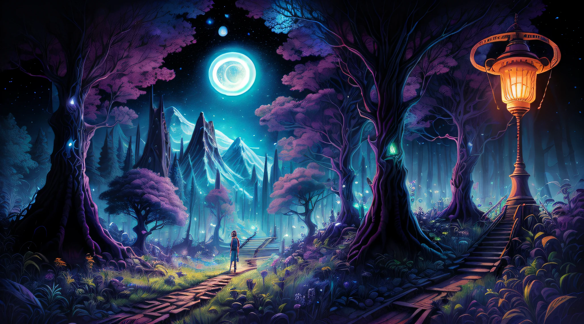 expansive landscape photograph , (a view from below that shows sky above and open field below), a girl standing on flower field looking up, (full moon:1.2), ( shooting stars:0.9), (nebula:1.3), distant mountain, tree BREAK
production art, (warm light source:1.2), (Firefly:1.2), lamp, lot of purple and orange, intricate details, volumetric lighting BREAK
(masterpiece:1.2), (best quality), 4k, ultra-detailed, (dynamic composition:1.4), highly detailed, colorful details,( iridescent colors:1.2), (glowing lighting, atmospheric lighting), dreamy, magical, (solo:1.2)