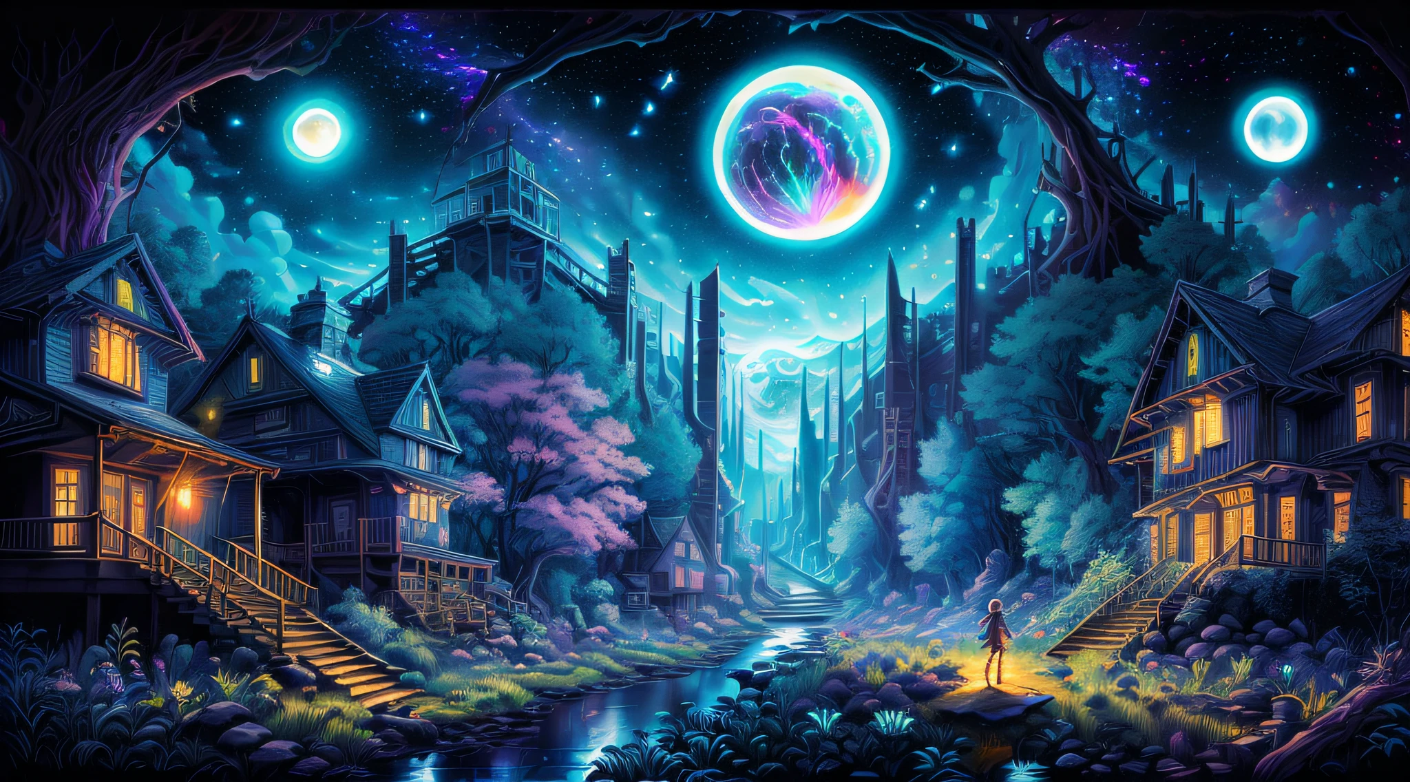 expansive landscape photograph , (a view from below that shows sky above and open field below), a girl standing on flower field looking up, (full moon:1.2), ( shooting stars:0.9), (nebula:1.3), distant mountain, tree BREAK
production art, (warm light source:1.2), (Firefly:1.2), lamp, lot of purple and orange, intricate details, volumetric lighting BREAK
(masterpiece:1.2), (best quality), 4k, ultra-detailed, (dynamic composition:1.4), highly detailed, colorful details,( iridescent colors:1.2), (glowing lighting, atmospheric lighting), dreamy, magical, (solo:1.2)