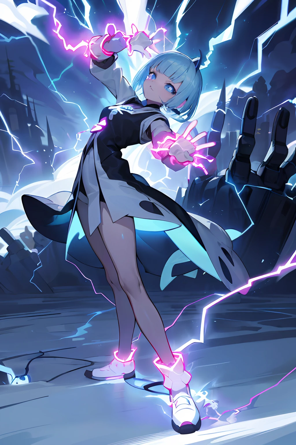 absurderes, hight resolution, ((masutepiece)), animesque、((Best Quality)), (Ultra-detailed), ((Extremely detailed)), (Beautiful), ((Kawaii Girl)), 独奏,(14years:1.6)、Beautiful face, full body Esbian、White skin、(Glowing blue eyes:1.3)、shiny long pale blue hair、The upper part of the body、Gentle face、Fantasy World、Exotic lands、A city protected by walls、Wizard Girl、Cute clothes of wizards、(Unleash the magic of lightning:1.6)、(Unleash electric shocks from the body:2.0)、(Stretch your hands forward:1.5)