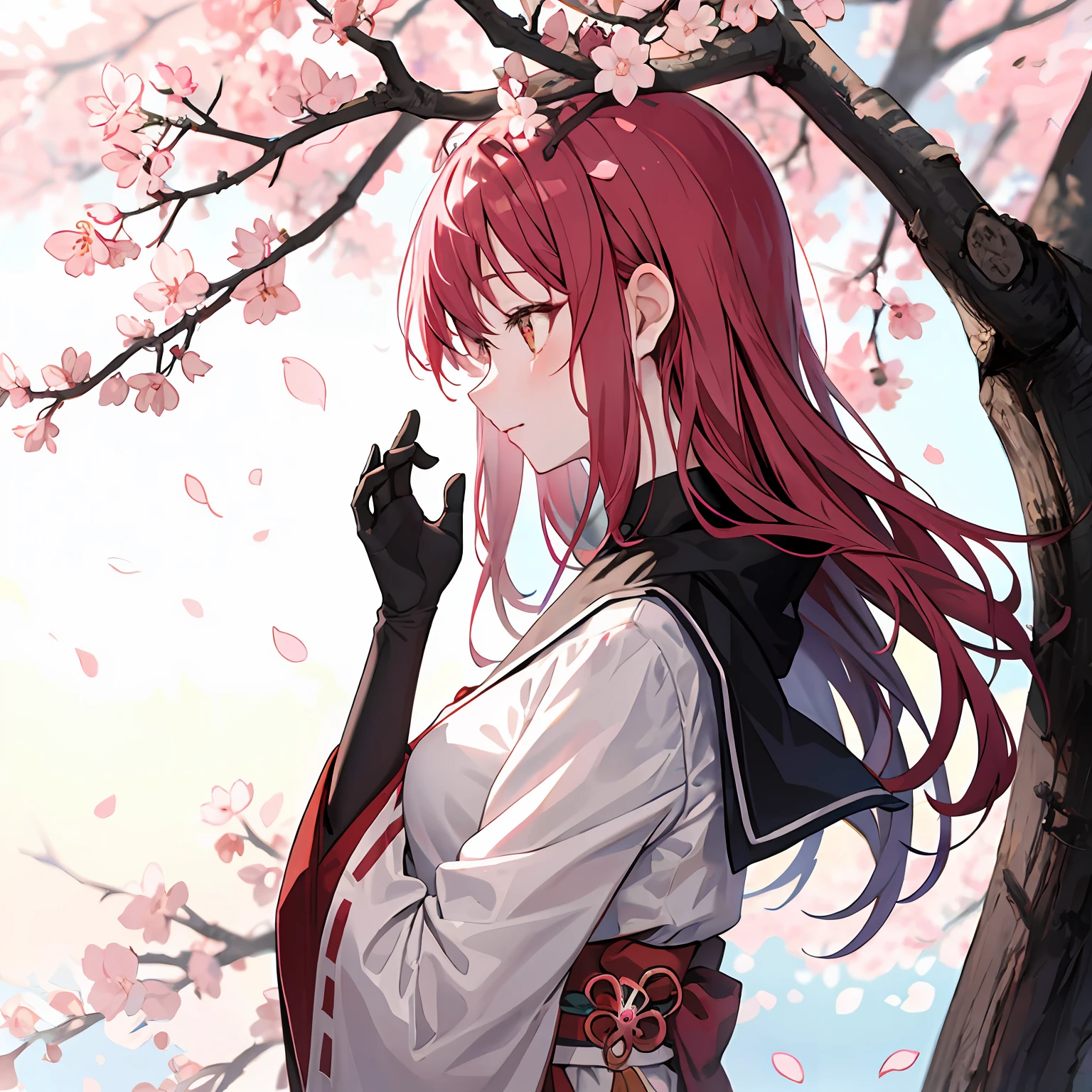 from side,sakura tree,1girl,tree branch on head,wooden hands,branch,fractral