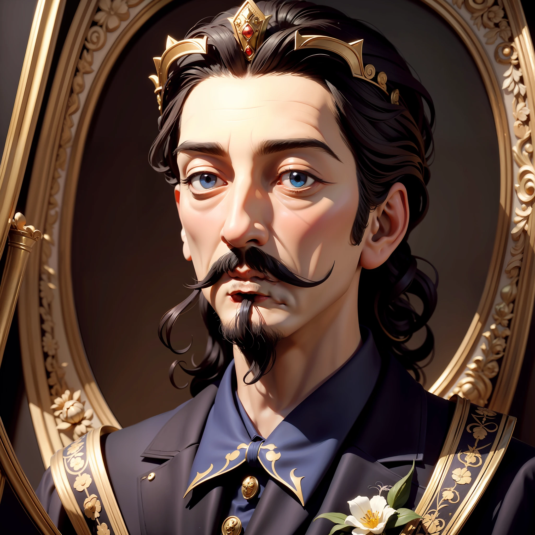 original, masterpiece, best quality, official art, painting, Salvador Dali as king,with flowers in he's mustachs, cinematic lighting