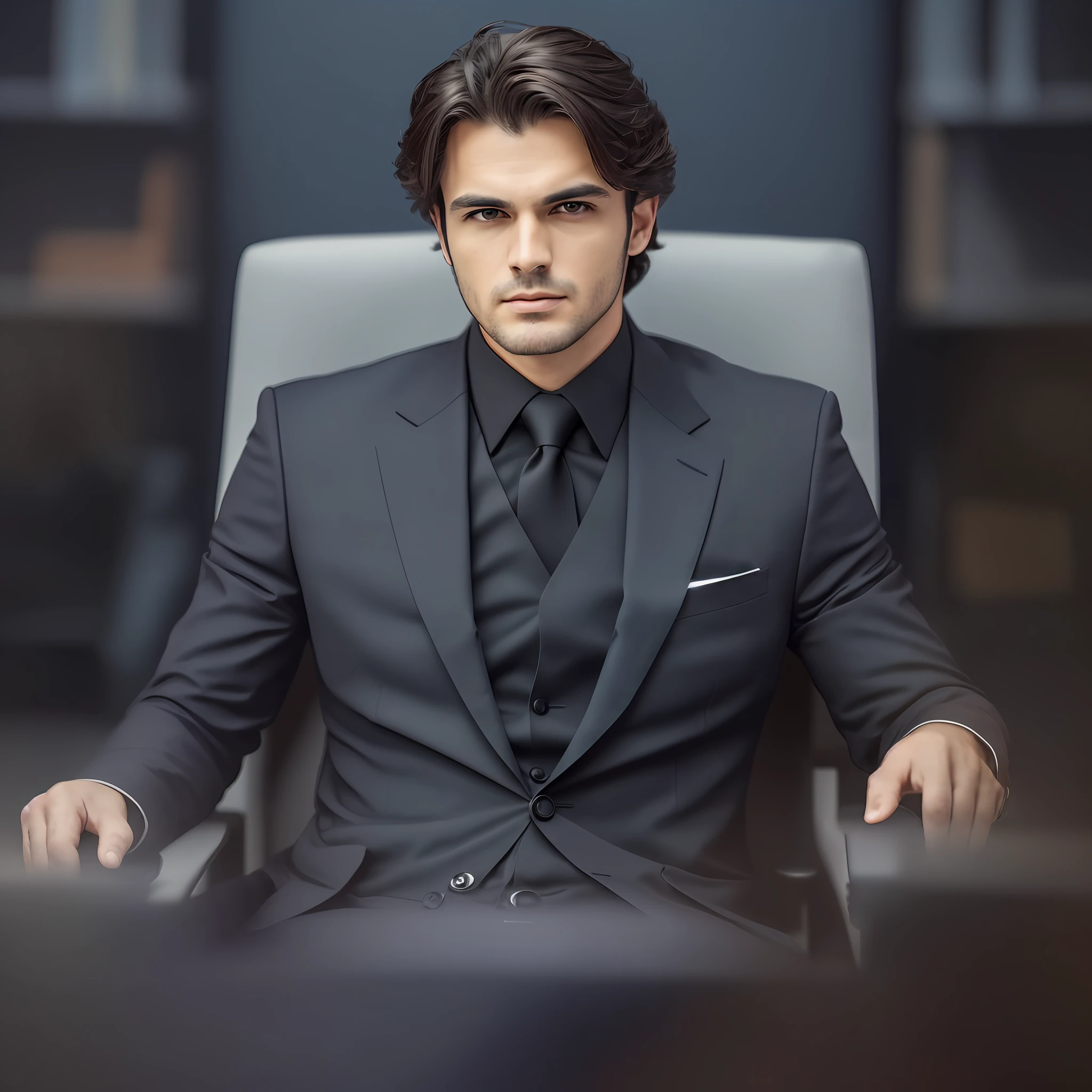 ((half body)) Photo RAW Ceo Man sitting in an office chair, wearing black suit, facing straight, (Impeccable) ,Serious and elegant man, , with thick male eyebrows, (with mysterious and serious face,) short dark hair, dark black background image, elegant, ( high quality and realistic image), ((Best Quality, 8k, Masterpiece)