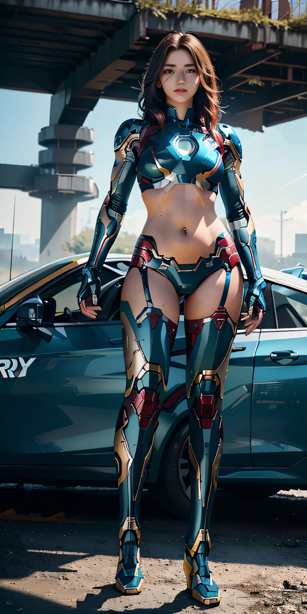 RAW, masterpiece, ultra fine photo,, best quality, ultra high definition, photorealistic, sunlight, full body portrait, stunningly beautiful, combat pose, delicate face, brilliant eyes, (front view,full body), she wears futuristic iron man mech, blue and yellow and green color scheme, highly detailed destroyed iron man background, detailed face, detailed and complex busy background, messy and gorgeous, Lush plump breasts, High Detail skin, Realistic skin details, Visible pores, Sharp Focus, Volumemetric Fog, 8K UHD, DSLR camera, High Quality, Film Grain, Fair Skin, Photorealism, Lomography, View from below, Translucent