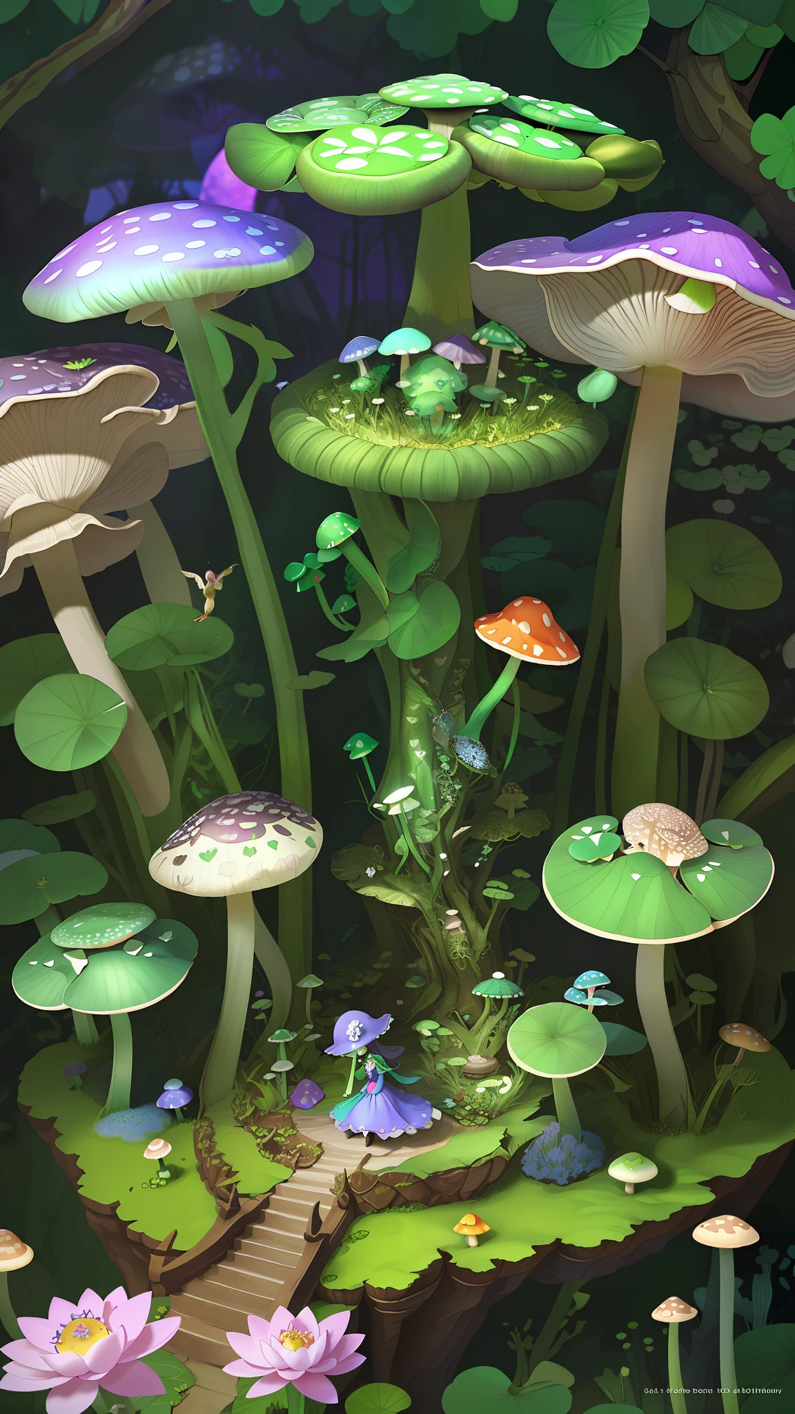 "Mushroom forest,butterflys,lotuses,the elf,four-leaf clover,Cyber Mushroom Forest,Ultra-detailed digital fantasy art。Mushrooms are everywhere in the picture,The unique mushroom shape creates a magical casa scene。"